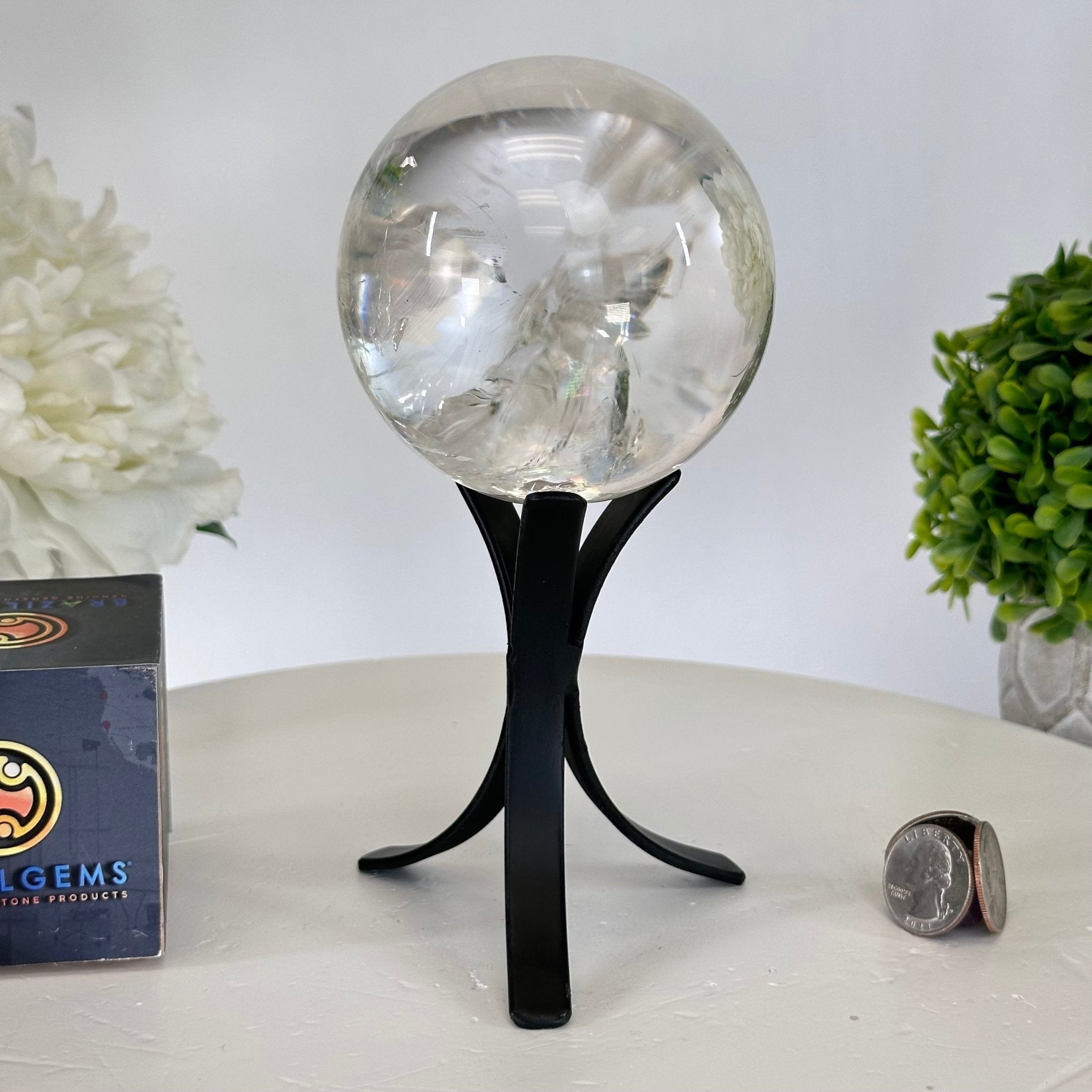 Super Quality Clear Quartz Sphere on Metal Base 2.2 lbs & 7.3" Tall #5631 - 0027 - Brazil GemsBrazil GemsSuper Quality Clear Quartz Sphere on Metal Base 2.2 lbs & 7.3" Tall #5631 - 0027Spheres5631 - 0027