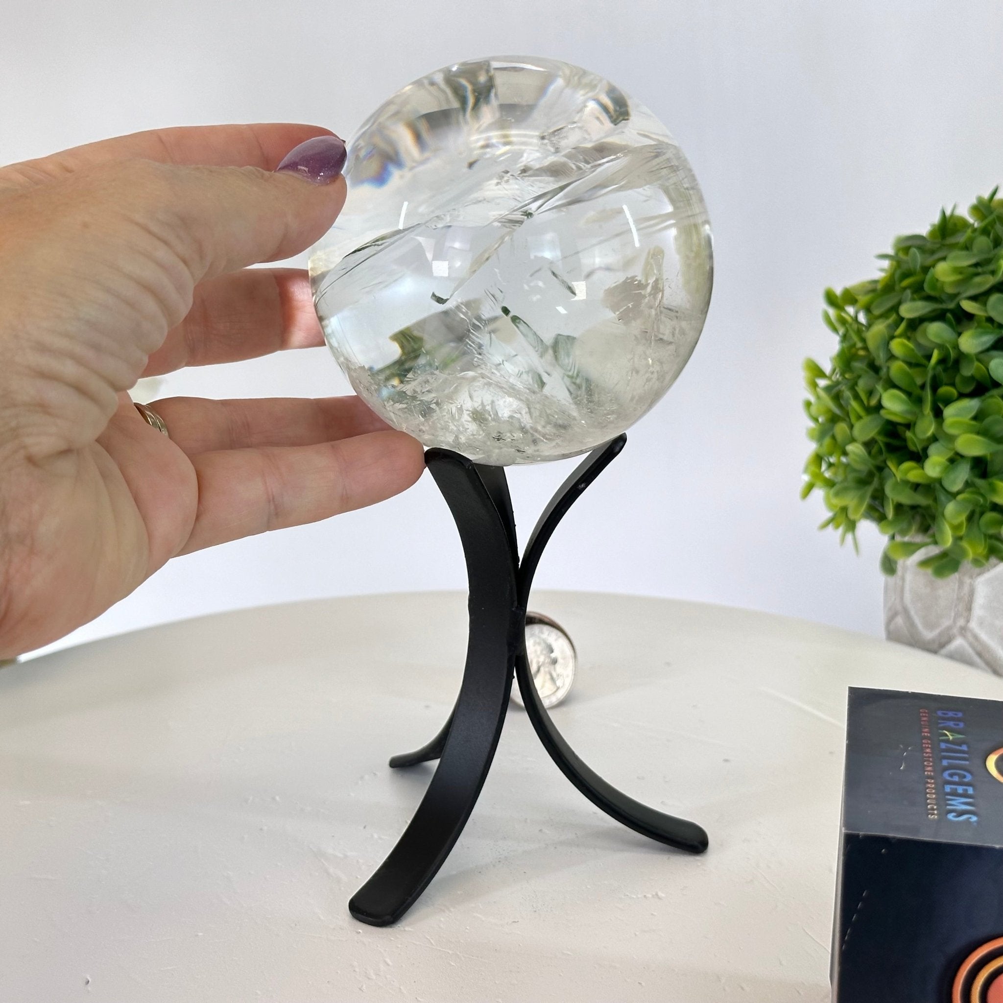 Super Quality Clear Quartz Sphere on Metal Base 2.2 lbs & 7.4" Tall #5631 - 0026 - Brazil GemsBrazil GemsSuper Quality Clear Quartz Sphere on Metal Base 2.2 lbs & 7.4" Tall #5631 - 0026Spheres5631 - 0026