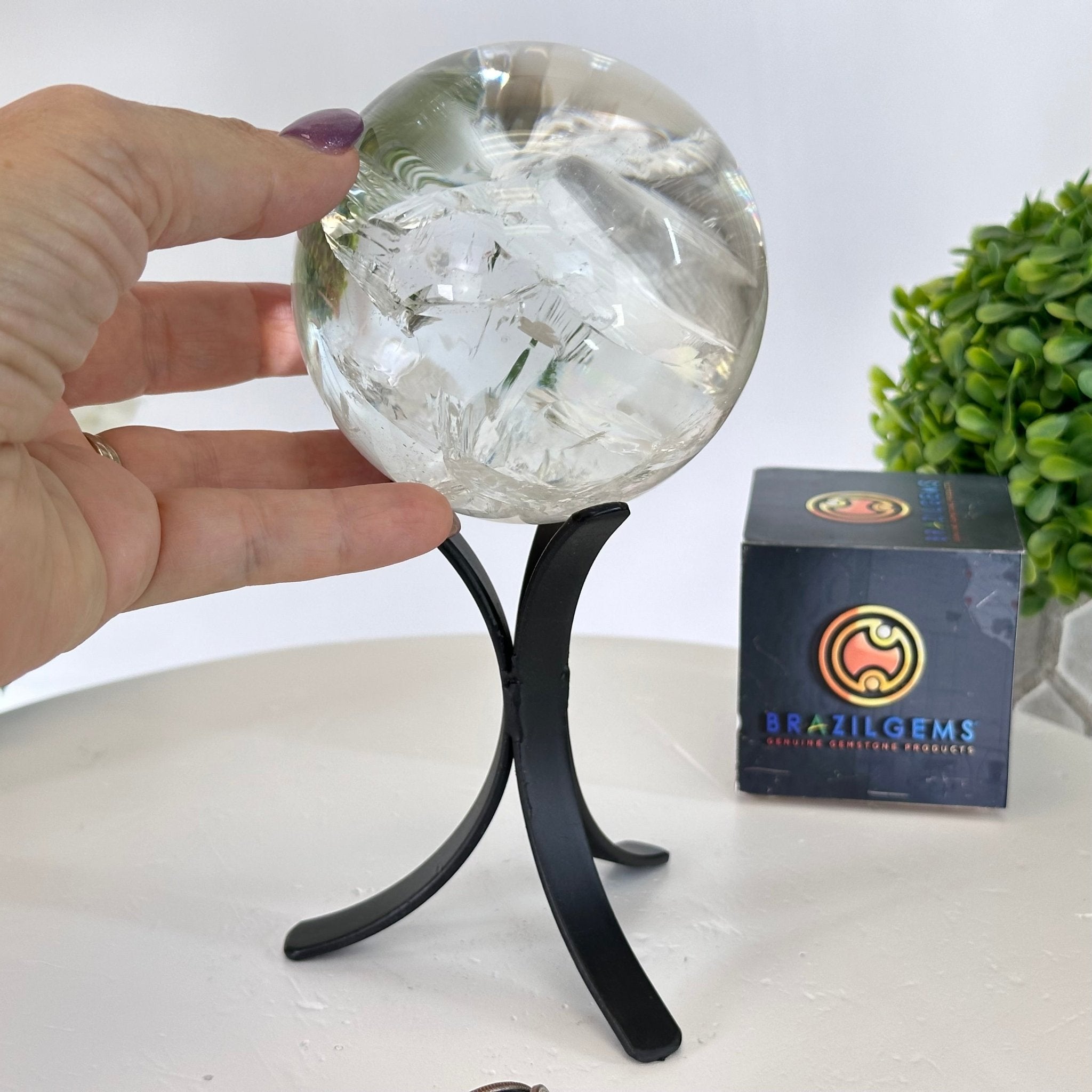 Super Quality Clear Quartz Sphere on Metal Base 2.2 lbs & 7.4" Tall #5631 - 0026 - Brazil GemsBrazil GemsSuper Quality Clear Quartz Sphere on Metal Base 2.2 lbs & 7.4" Tall #5631 - 0026Spheres5631 - 0026