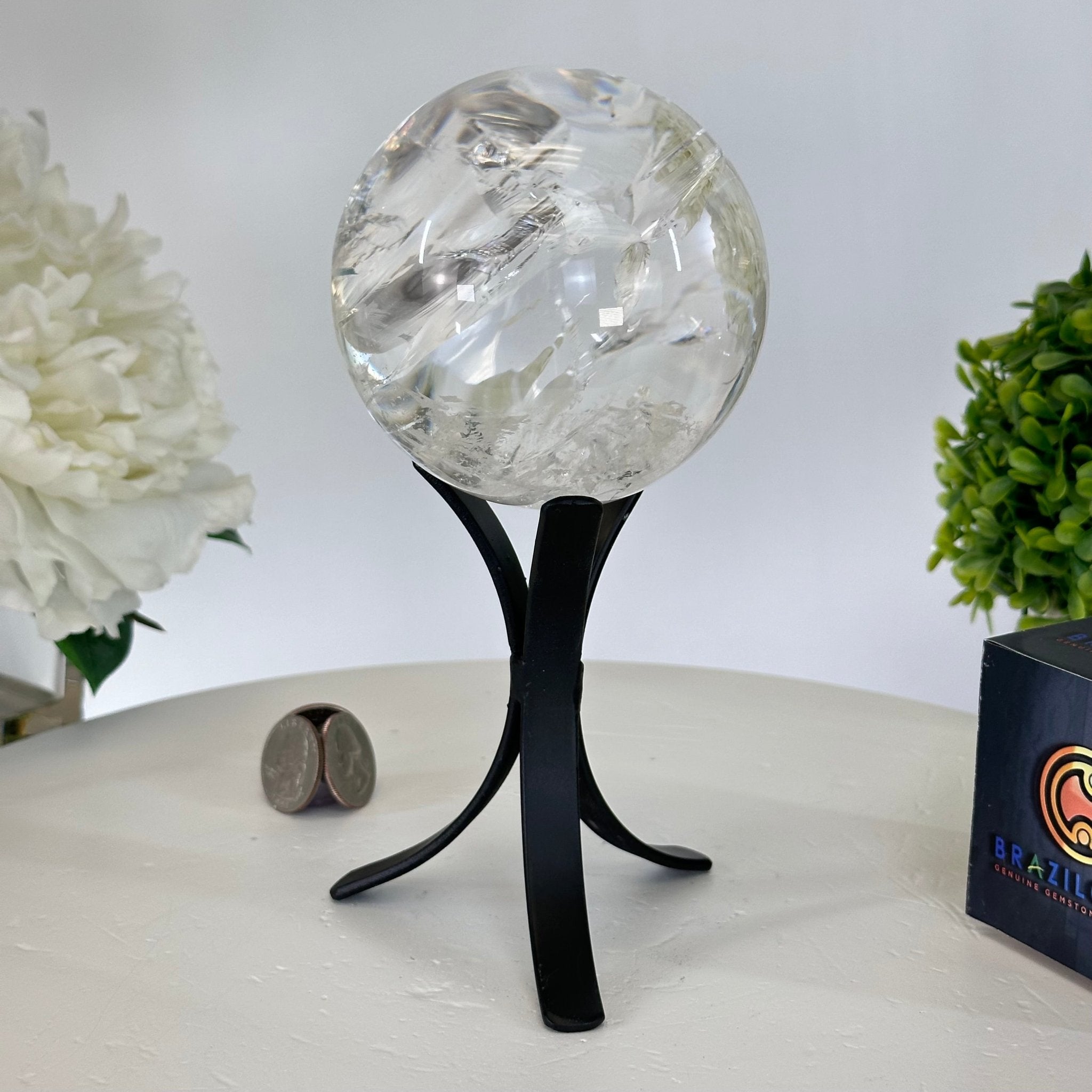 Super Quality Clear Quartz Sphere on Metal Base 2.2 lbs & 7.4" Tall #5631 - 0026 - Brazil GemsBrazil GemsSuper Quality Clear Quartz Sphere on Metal Base 2.2 lbs & 7.4" Tall #5631 - 0026Spheres5631 - 0026