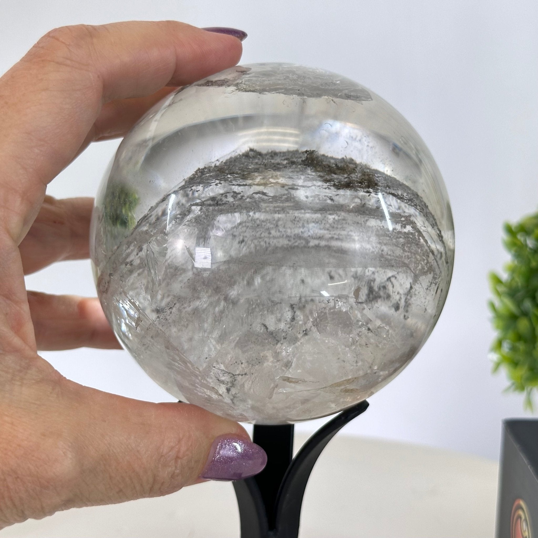 Super Quality Clear Quartz Sphere on Metal Base 2.4 lbs & 7.5" Tall #5631 - 0028 - Brazil GemsBrazil GemsSuper Quality Clear Quartz Sphere on Metal Base 2.4 lbs & 7.5" Tall #5631 - 0028Spheres5631 - 0028