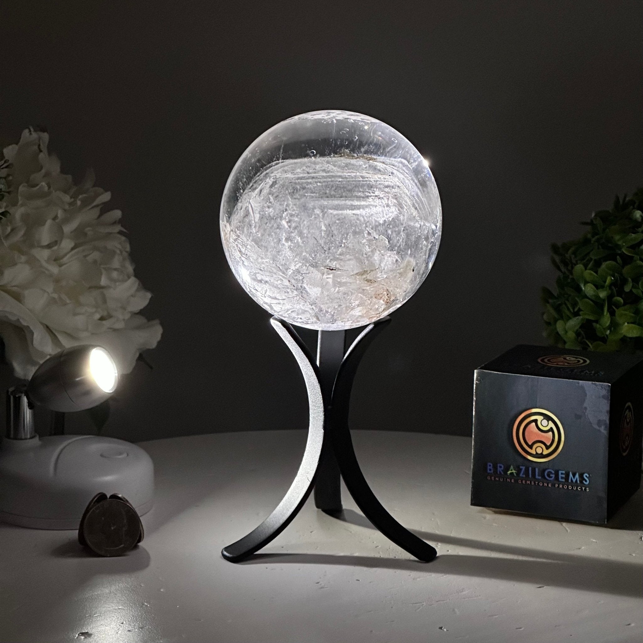 Super Quality Clear Quartz Sphere on Metal Base 2.4 lbs & 7.5" Tall #5631 - 0028 - Brazil GemsBrazil GemsSuper Quality Clear Quartz Sphere on Metal Base 2.4 lbs & 7.5" Tall #5631 - 0028Spheres5631 - 0028