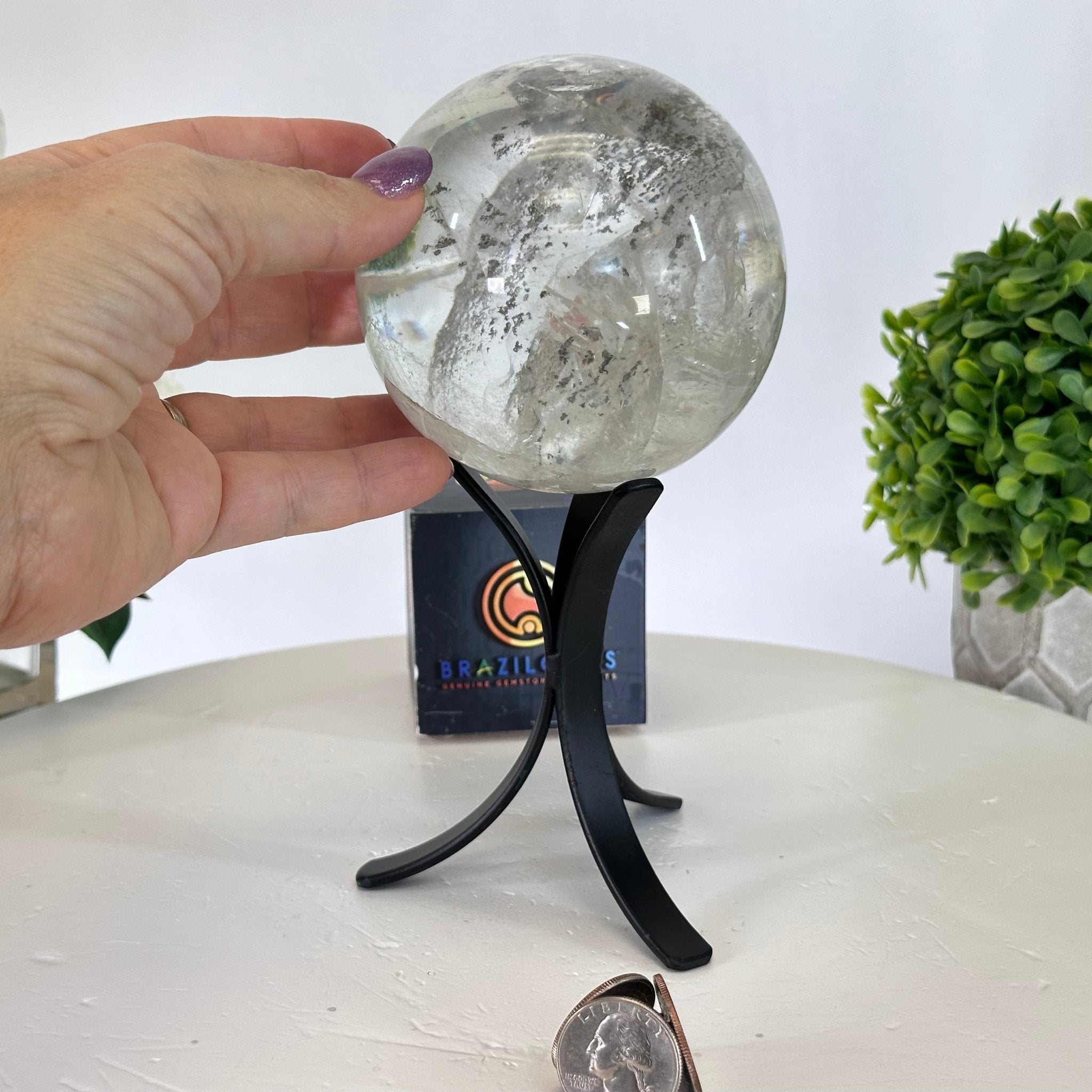 Super Quality Clear Quartz Sphere on Metal Base 2.4 lbs & 7.5" Tall #5631 - 0028 - Brazil GemsBrazil GemsSuper Quality Clear Quartz Sphere on Metal Base 2.4 lbs & 7.5" Tall #5631 - 0028Spheres5631 - 0028