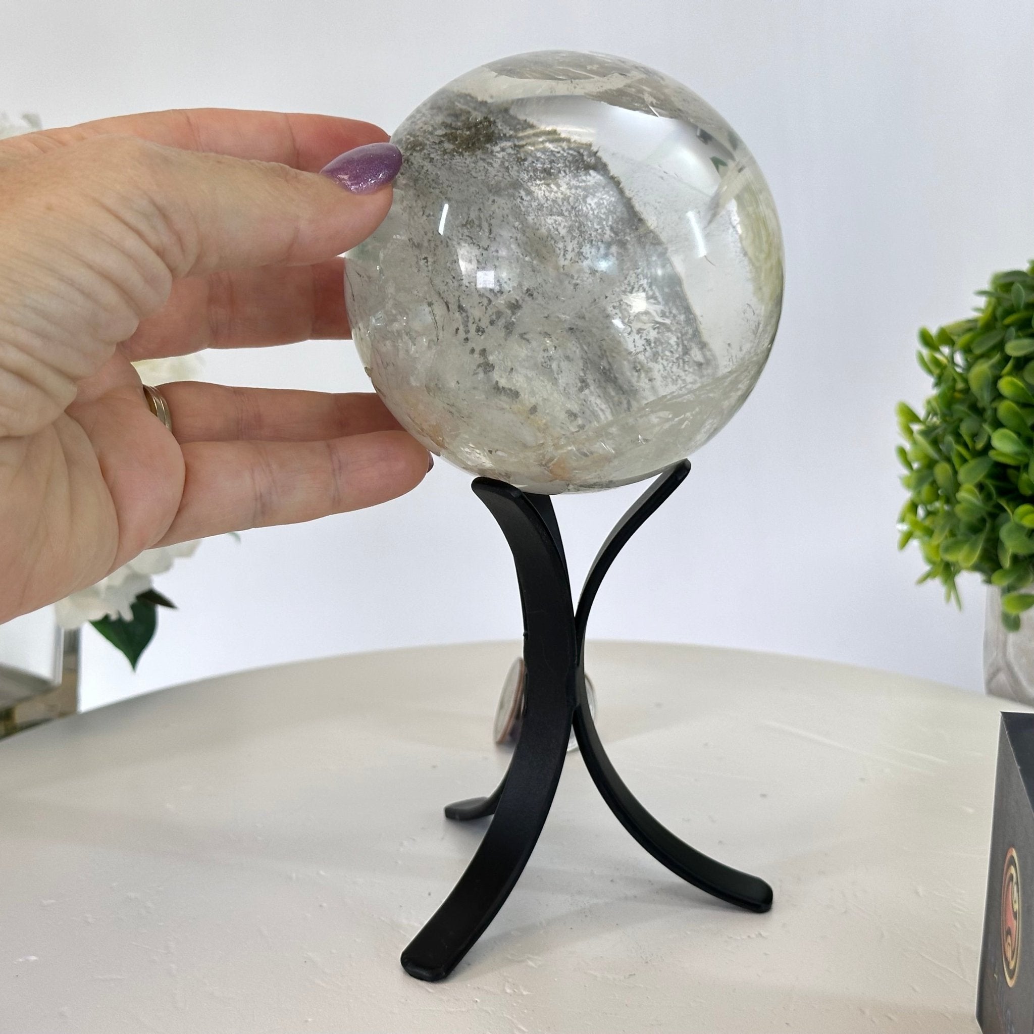 Super Quality Clear Quartz Sphere on Metal Base 2.4 lbs & 7.5" Tall #5631 - 0028 - Brazil GemsBrazil GemsSuper Quality Clear Quartz Sphere on Metal Base 2.4 lbs & 7.5" Tall #5631 - 0028Spheres5631 - 0028