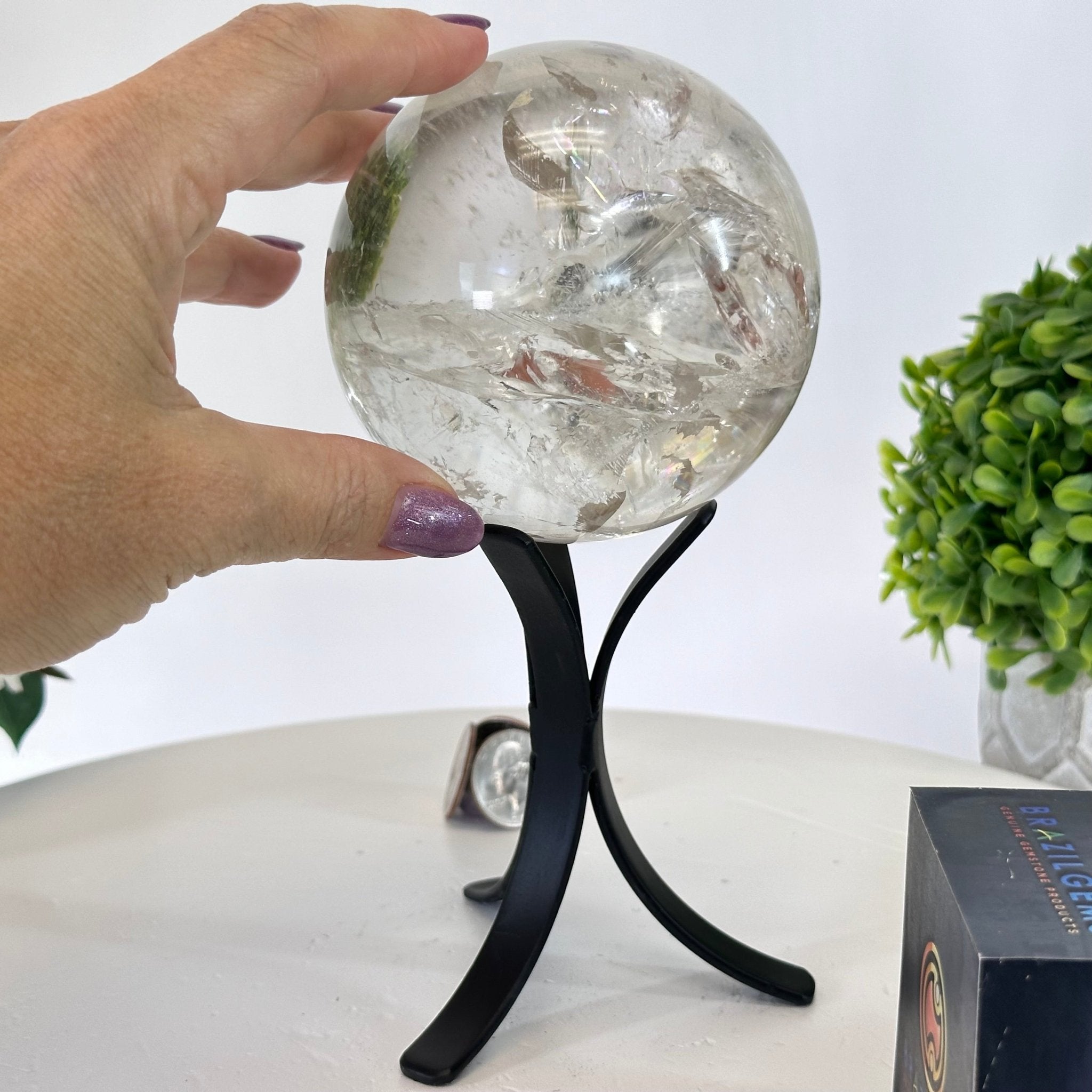 Super Quality Clear Quartz Sphere on Metal Base 2.5 lbs & 7.5" Tall #5631 - 0029 - Brazil GemsBrazil GemsSuper Quality Clear Quartz Sphere on Metal Base 2.5 lbs & 7.5" Tall #5631 - 0029Spheres5631 - 0029