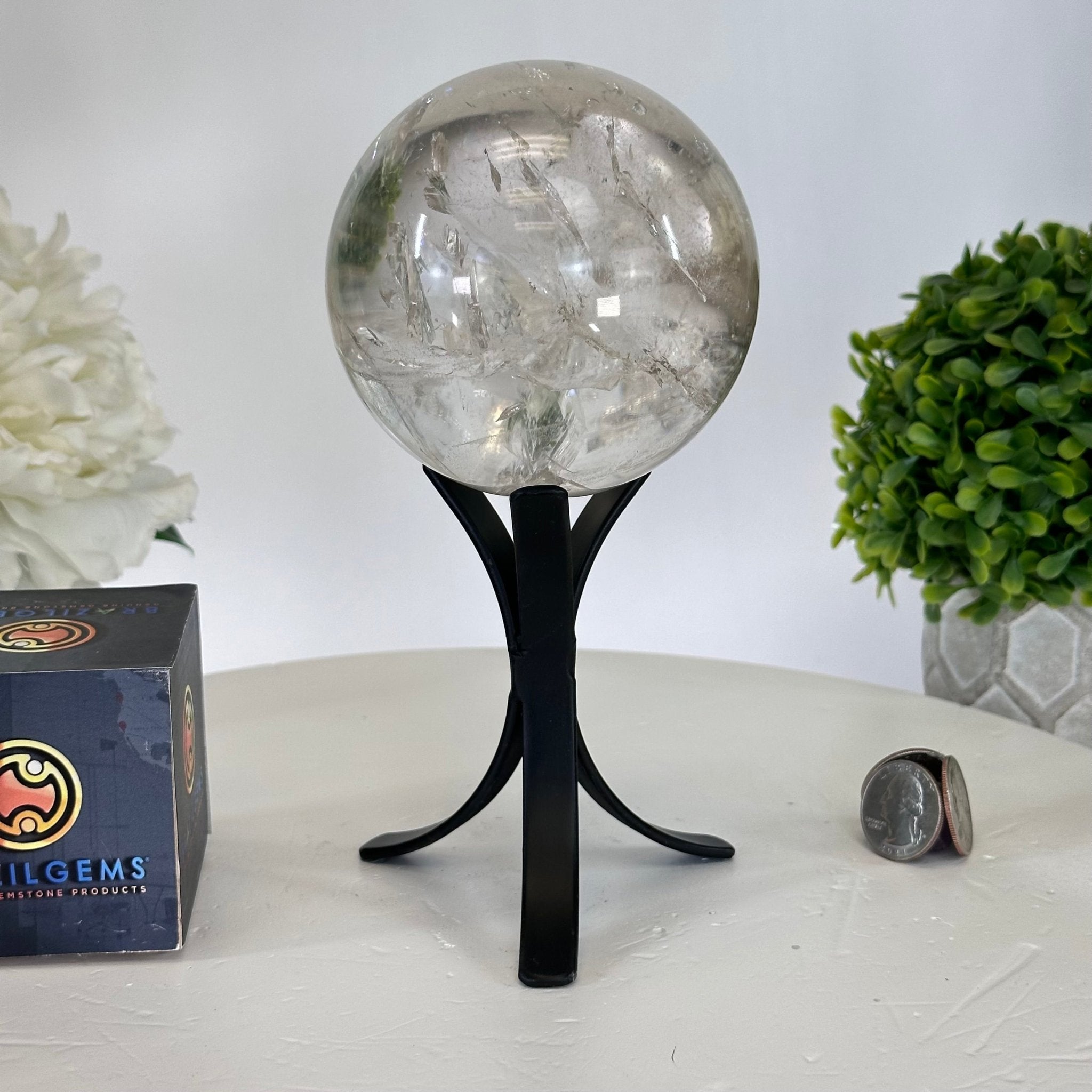 Super Quality Clear Quartz Sphere on Metal Base 2.5 lbs & 7.5" Tall #5631 - 0029 - Brazil GemsBrazil GemsSuper Quality Clear Quartz Sphere on Metal Base 2.5 lbs & 7.5" Tall #5631 - 0029Spheres5631 - 0029