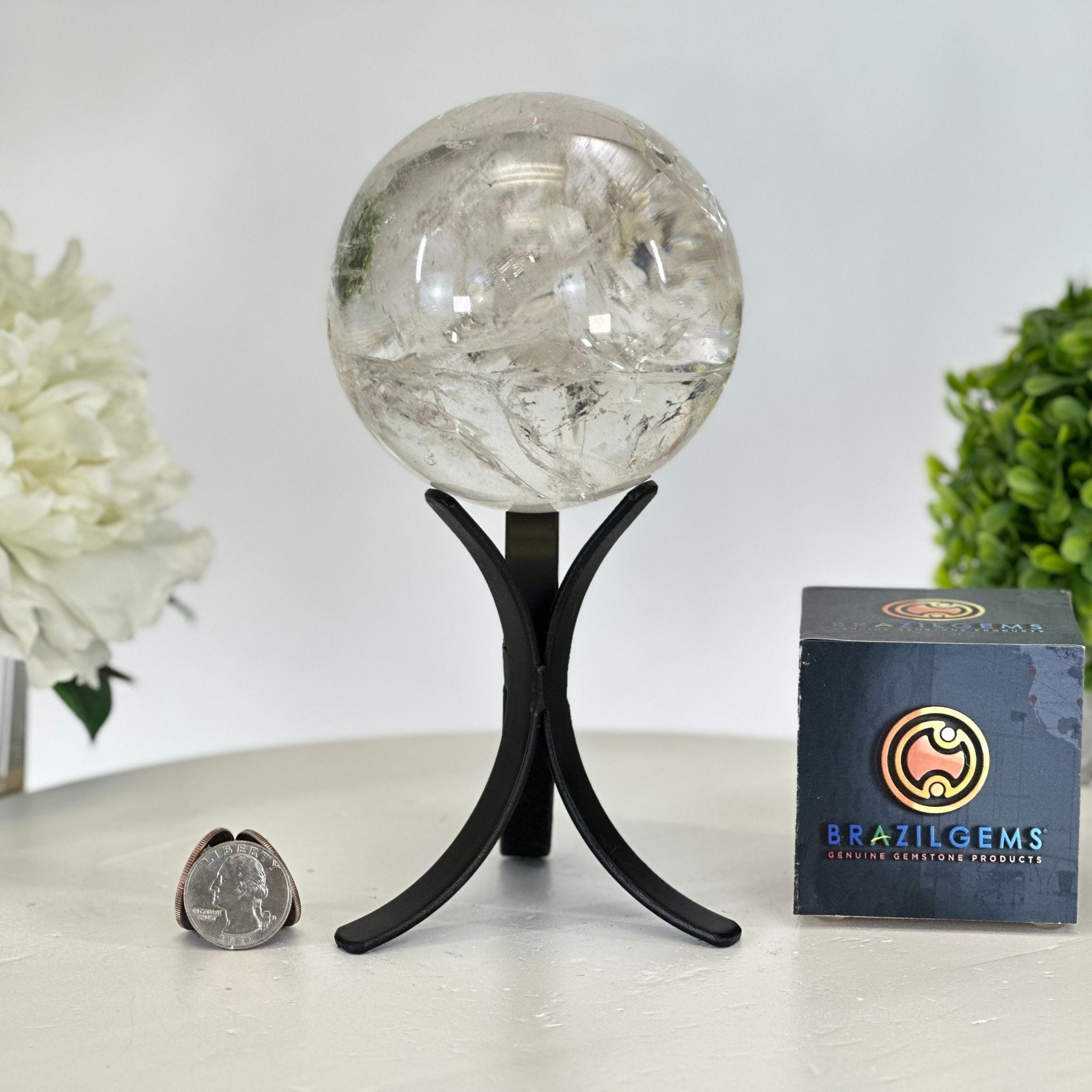 Super Quality Clear Quartz Sphere on Metal Base 2.5 lbs & 7.5" Tall #5631 - 0029 - Brazil GemsBrazil GemsSuper Quality Clear Quartz Sphere on Metal Base 2.5 lbs & 7.5" Tall #5631 - 0029Spheres5631 - 0029