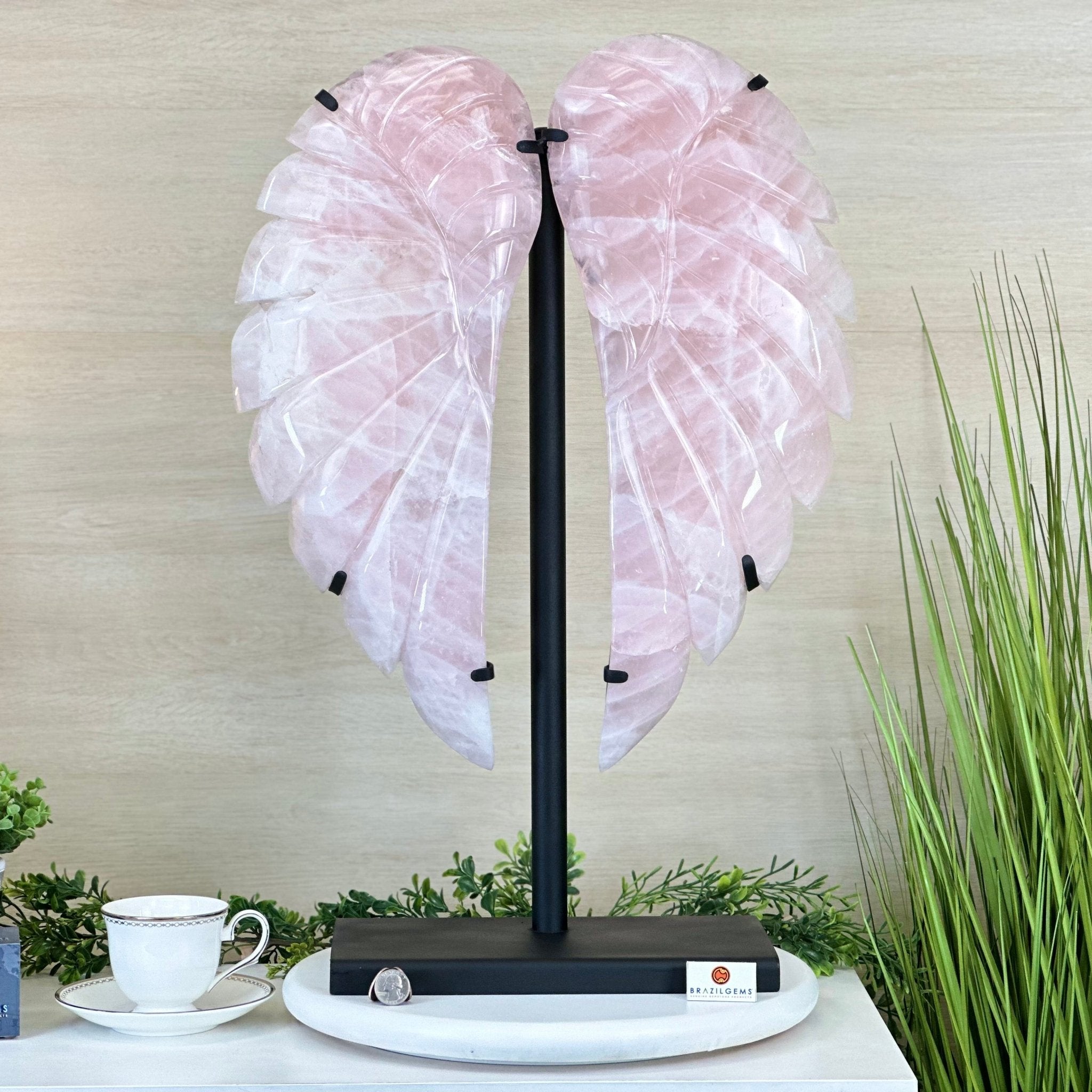 Super Quality Rose Quartz Angel Wings on a Metal Base, 29.7 lbs & 26.2" Tall #4444RQ - 001 - Brazil GemsBrazil GemsSuper Quality Rose Quartz Angel Wings on a Metal Base, 29.7 lbs & 26.2" Tall #4444RQ - 001Carved Angel Wings4444RQ - 001
