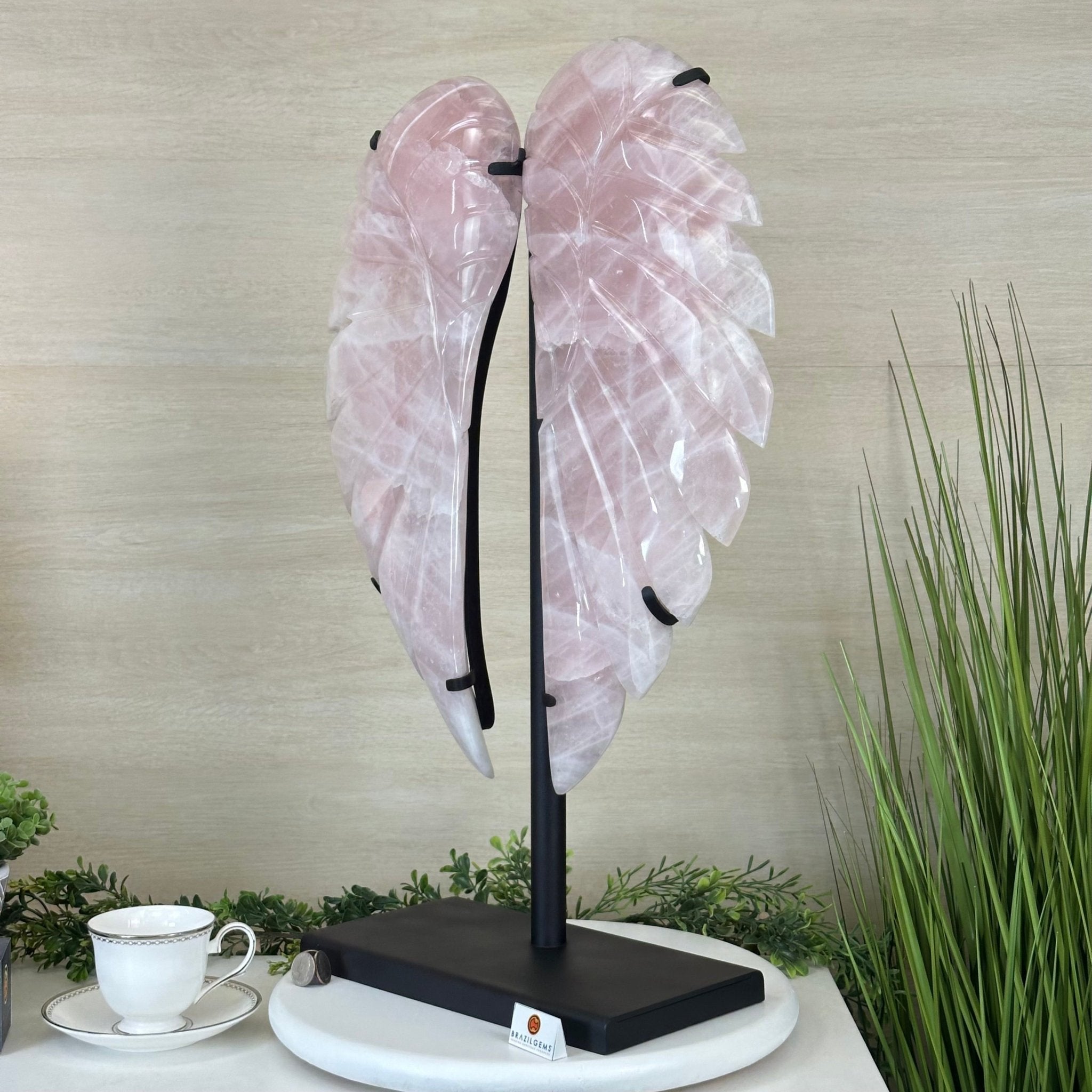 Super Quality Rose Quartz Angel Wings on a Metal Base, 29.7 lbs & 26.2" Tall #4444RQ - 001 - Brazil GemsBrazil GemsSuper Quality Rose Quartz Angel Wings on a Metal Base, 29.7 lbs & 26.2" Tall #4444RQ - 001Carved Angel Wings4444RQ - 001