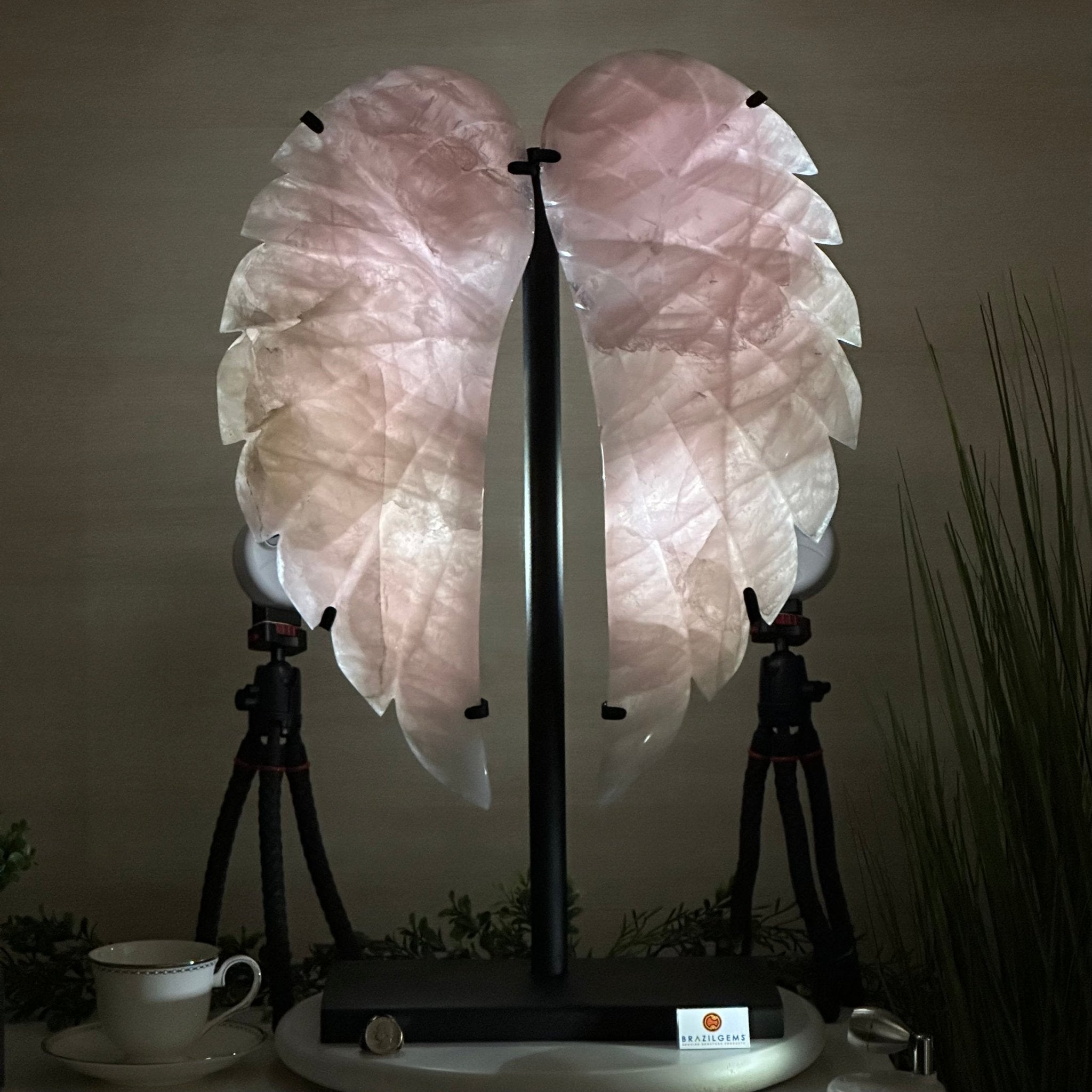 Super Quality Rose Quartz Angel Wings on a Metal Base, 29.7 lbs & 26.2" Tall #4444RQ - 001 - Brazil GemsBrazil GemsSuper Quality Rose Quartz Angel Wings on a Metal Base, 29.7 lbs & 26.2" Tall #4444RQ - 001Carved Angel Wings4444RQ - 001