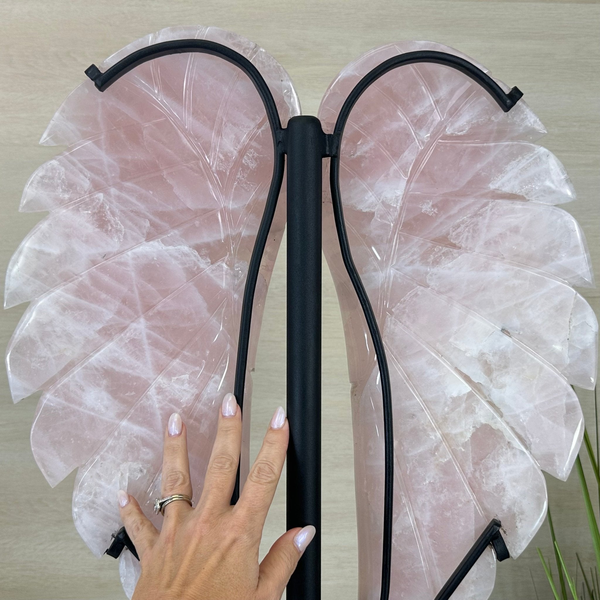 Super Quality Rose Quartz Angel Wings on a Metal Base, 29.7 lbs & 26.2" Tall #4444RQ - 001 - Brazil GemsBrazil GemsSuper Quality Rose Quartz Angel Wings on a Metal Base, 29.7 lbs & 26.2" Tall #4444RQ - 001Carved Angel Wings4444RQ - 001