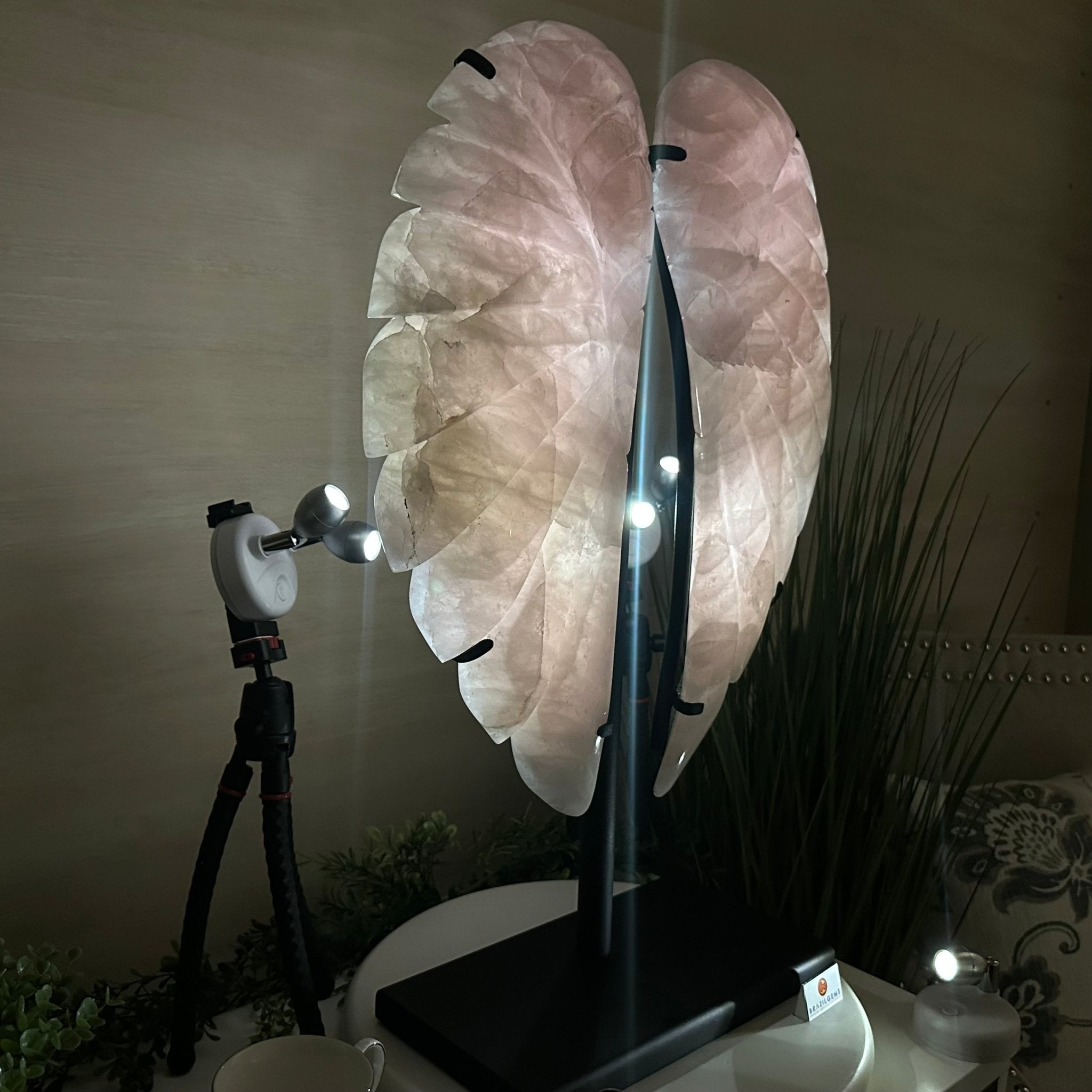 Super Quality Rose Quartz Angel Wings on a Metal Base, 29.7 lbs & 26.2" Tall #4444RQ - 001 - Brazil GemsBrazil GemsSuper Quality Rose Quartz Angel Wings on a Metal Base, 29.7 lbs & 26.2" Tall #4444RQ - 001Carved Angel Wings4444RQ - 001