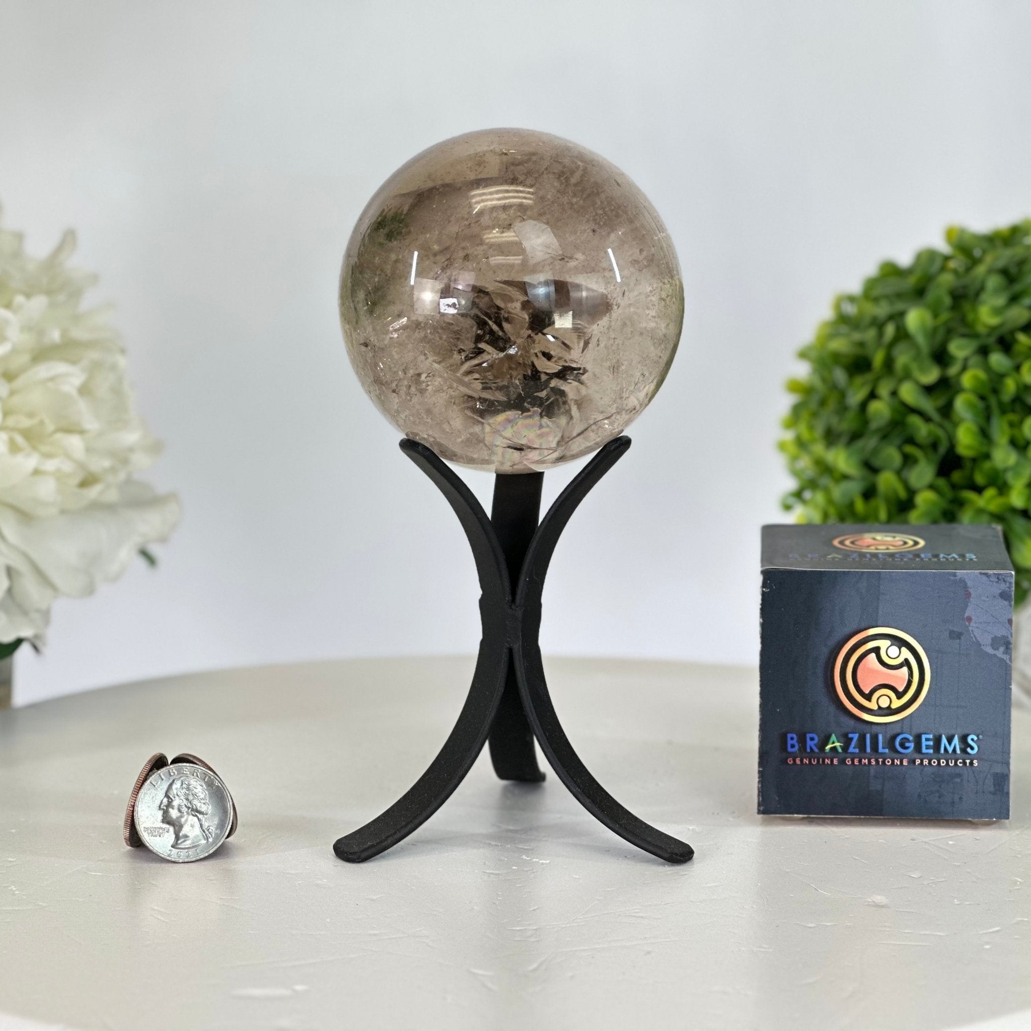 Super Quality Smoky Quartz Sphere on a Metal Stand, 1.9 lbs & 7.1" Tall #5636 - 0006 - Brazil GemsBrazil GemsSuper Quality Smoky Quartz Sphere on a Metal Stand, 1.9 lbs & 7.1" Tall #5636 - 0006Spheres5636 - 0006