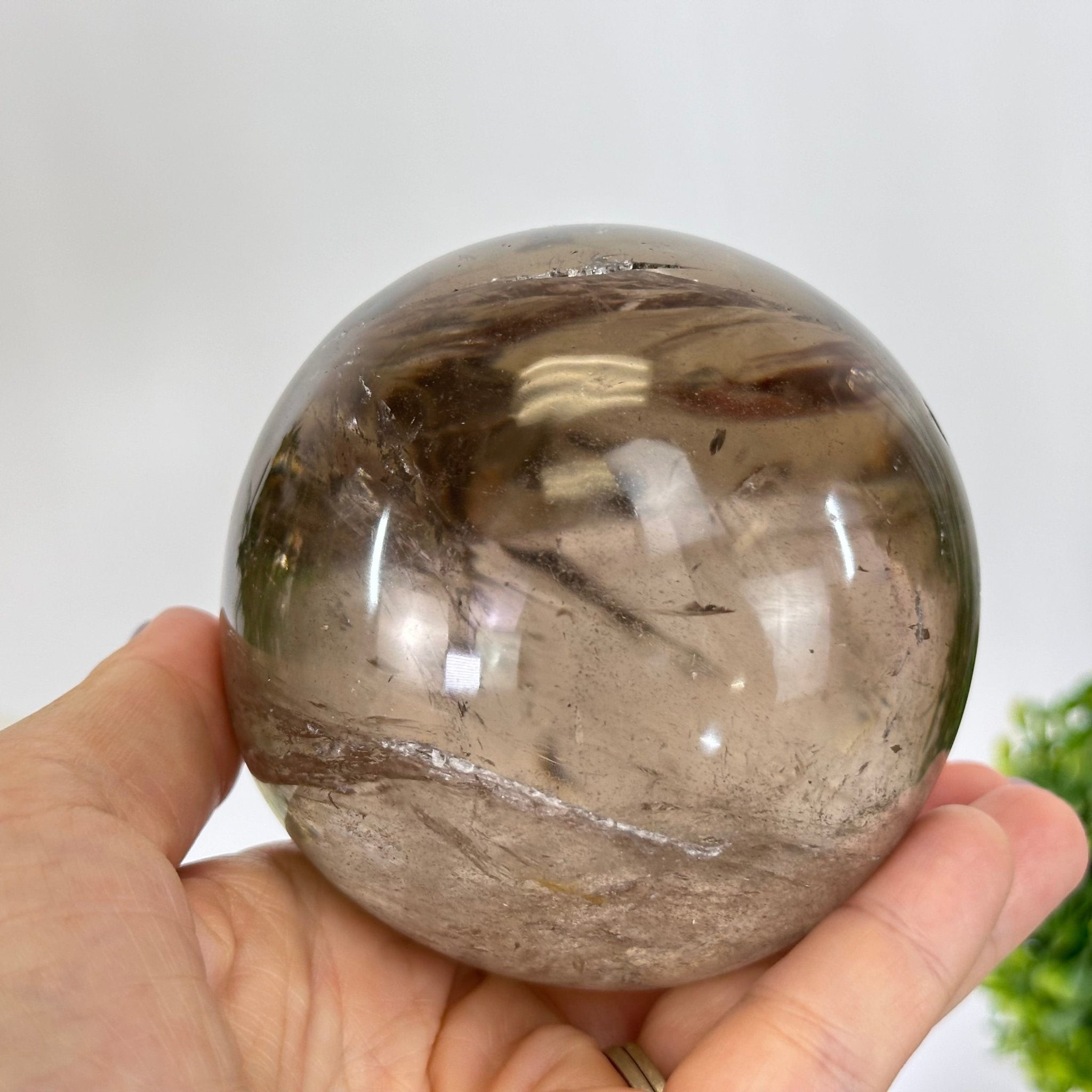 Super Quality Smoky Quartz Sphere on a Metal Stand, 2.2 lbs & 7.4" Tall #5636 - 0007 - Brazil GemsBrazil GemsSuper Quality Smoky Quartz Sphere on a Metal Stand, 2.2 lbs & 7.4" Tall #5636 - 0007Spheres5636 - 0007