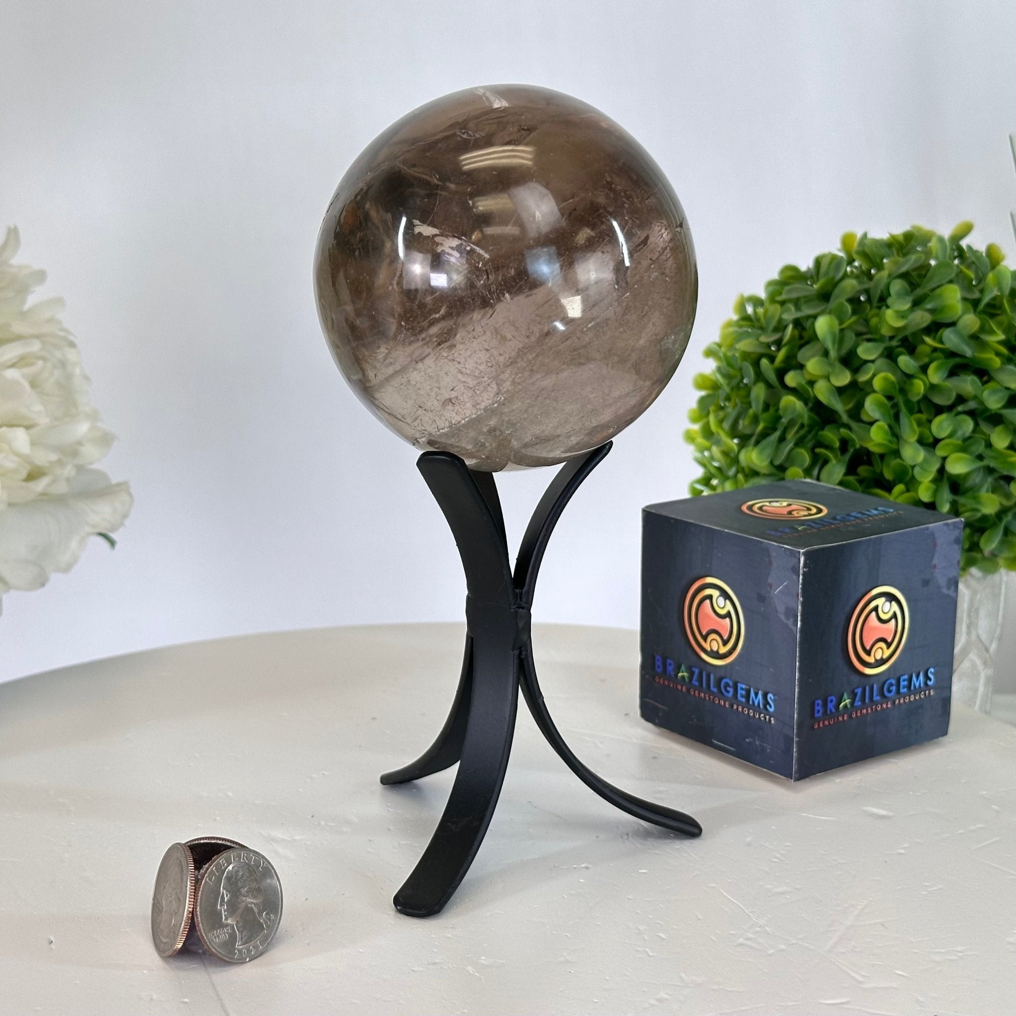 Super Quality Smoky Quartz Sphere on a Metal Stand, 2.2 lbs & 7.4" Tall #5636 - 0007 - Brazil GemsBrazil GemsSuper Quality Smoky Quartz Sphere on a Metal Stand, 2.2 lbs & 7.4" Tall #5636 - 0007Spheres5636 - 0007