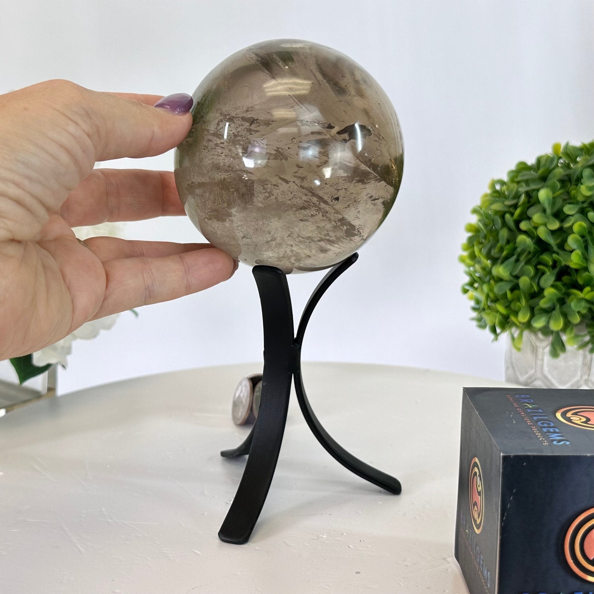 Super Quality Smoky Quartz Sphere on a Metal Stand, 2.2 lbs & 7.4" Tall #5636 - 0007 - Brazil GemsBrazil GemsSuper Quality Smoky Quartz Sphere on a Metal Stand, 2.2 lbs & 7.4" Tall #5636 - 0007Spheres5636 - 0007