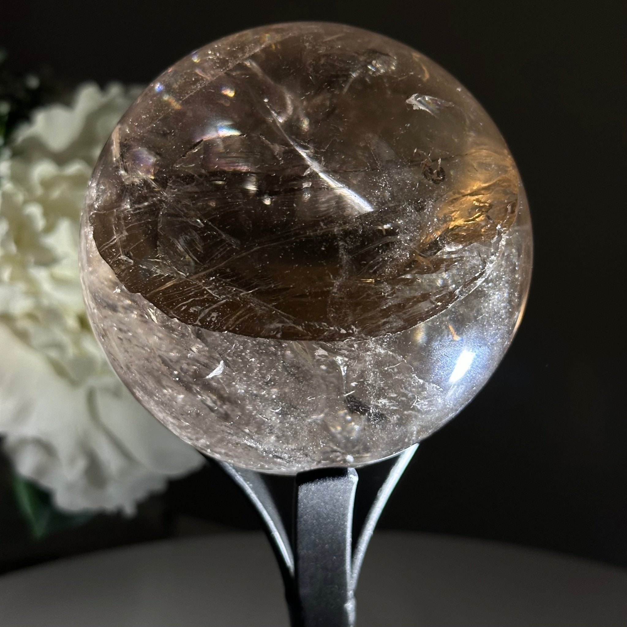 Super Quality Smoky Quartz Sphere on a Metal Stand, 2.2 lbs & 7.4" Tall #5636 - 0007 - Brazil GemsBrazil GemsSuper Quality Smoky Quartz Sphere on a Metal Stand, 2.2 lbs & 7.4" Tall #5636 - 0007Spheres5636 - 0007