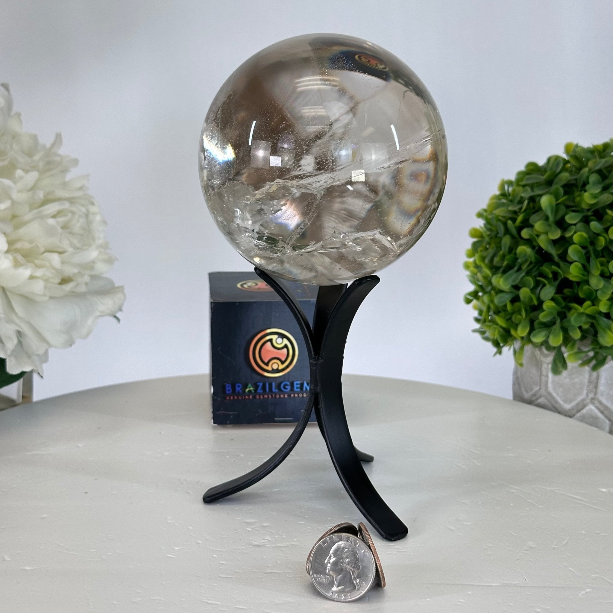 Super Quality Smoky Quartz Sphere on Metal Stand 3 lbs & 7.7" Tall #5636 - 0008 - Brazil GemsBrazil GemsSuper Quality Smoky Quartz Sphere on Metal Stand 3 lbs & 7.7" Tall #5636 - 0008Spheres5636 - 0008