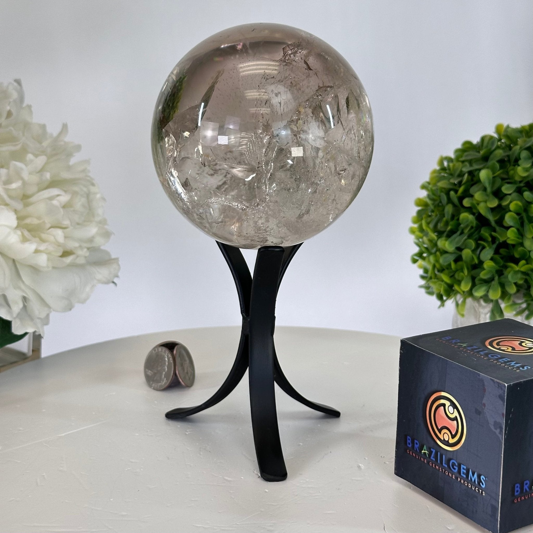 Super Quality Smoky Quartz Sphere on Metal Stand 3.3 lbs & 7.9" Tall #5636 - 0009 - Brazil GemsBrazil GemsSuper Quality Smoky Quartz Sphere on Metal Stand 3.3 lbs & 7.9" Tall #5636 - 0009Spheres5636 - 0009