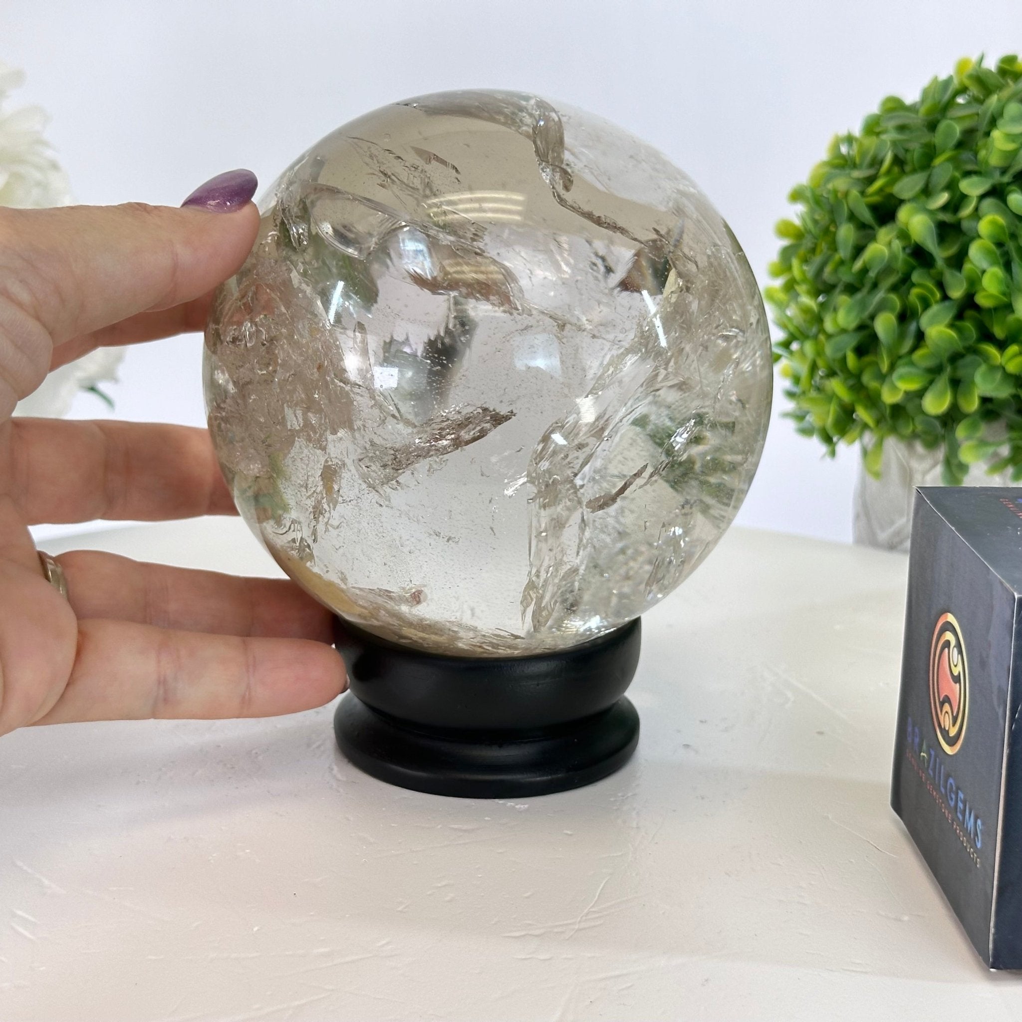 Super Quality Smoky Quartz Sphere on Wood Base 4.5 lbs & 5.4" Tall #5636 - 0013 - Brazil GemsBrazil GemsSuper Quality Smoky Quartz Sphere on Wood Base 4.5 lbs & 5.4" Tall #5636 - 0013Spheres5636 - 0013