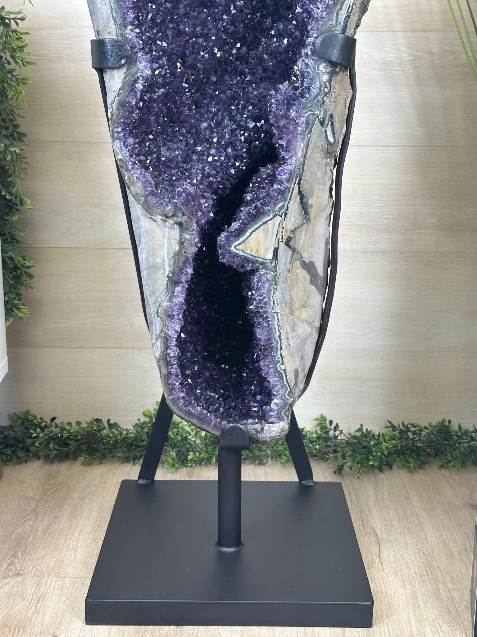 Super Quality Uruguayan Amethyst Cluster on a Metal Base, 169.8 lbs & 48.9" Tall, #5491 - 0250 - Brazil GemsBrazil GemsSuper Quality Uruguayan Amethyst Cluster on a Metal Base, 169.8 lbs & 48.9" Tall, #5491 - 0250Clusters on Fixed Bases5491 - 0250