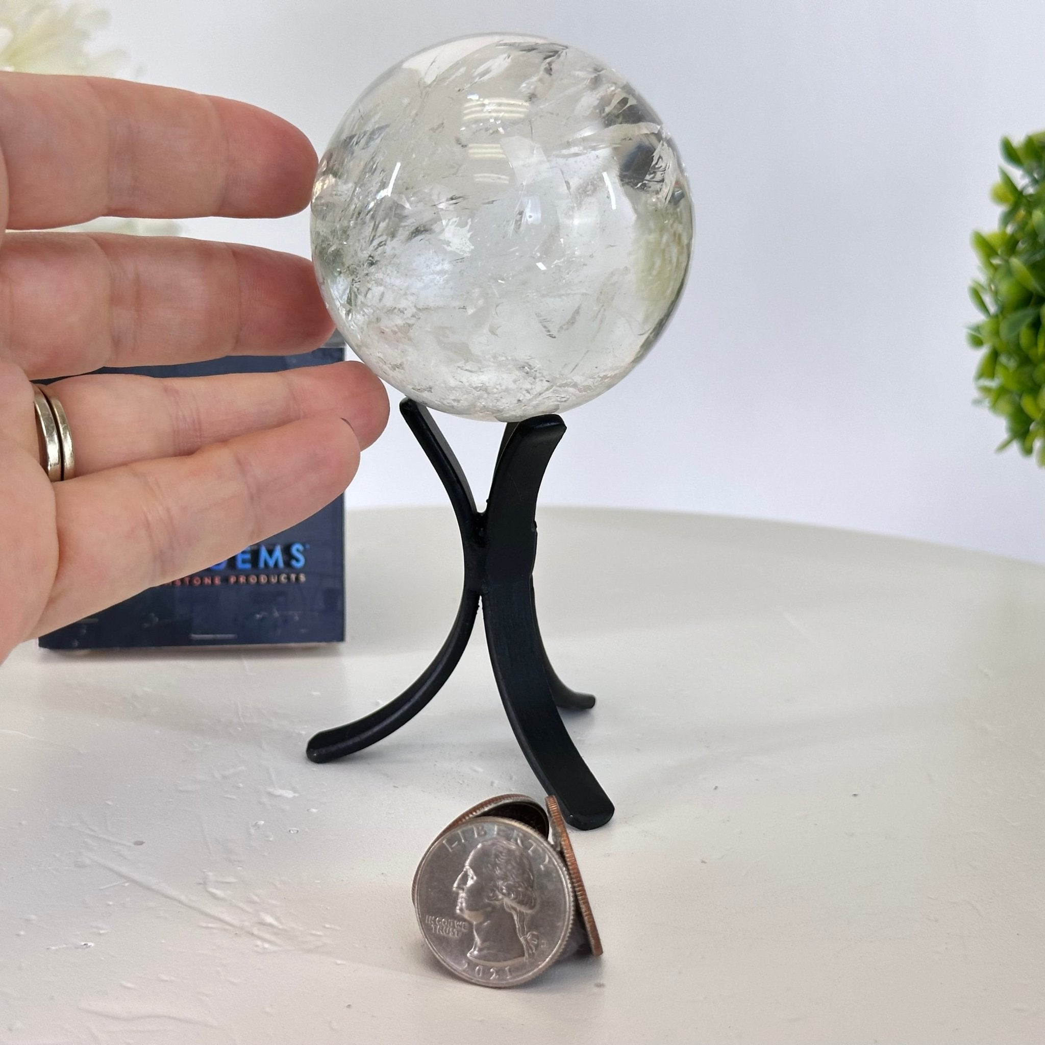 Super Quartz Clear Quartz Sphere on a Metal Base, 0.9 lbs & 5.2" Tall #5631 - 0018 - Brazil GemsBrazil GemsSuper Quartz Clear Quartz Sphere on a Metal Base, 0.9 lbs & 5.2" Tall #5631 - 0018Spheres5631 - 0018