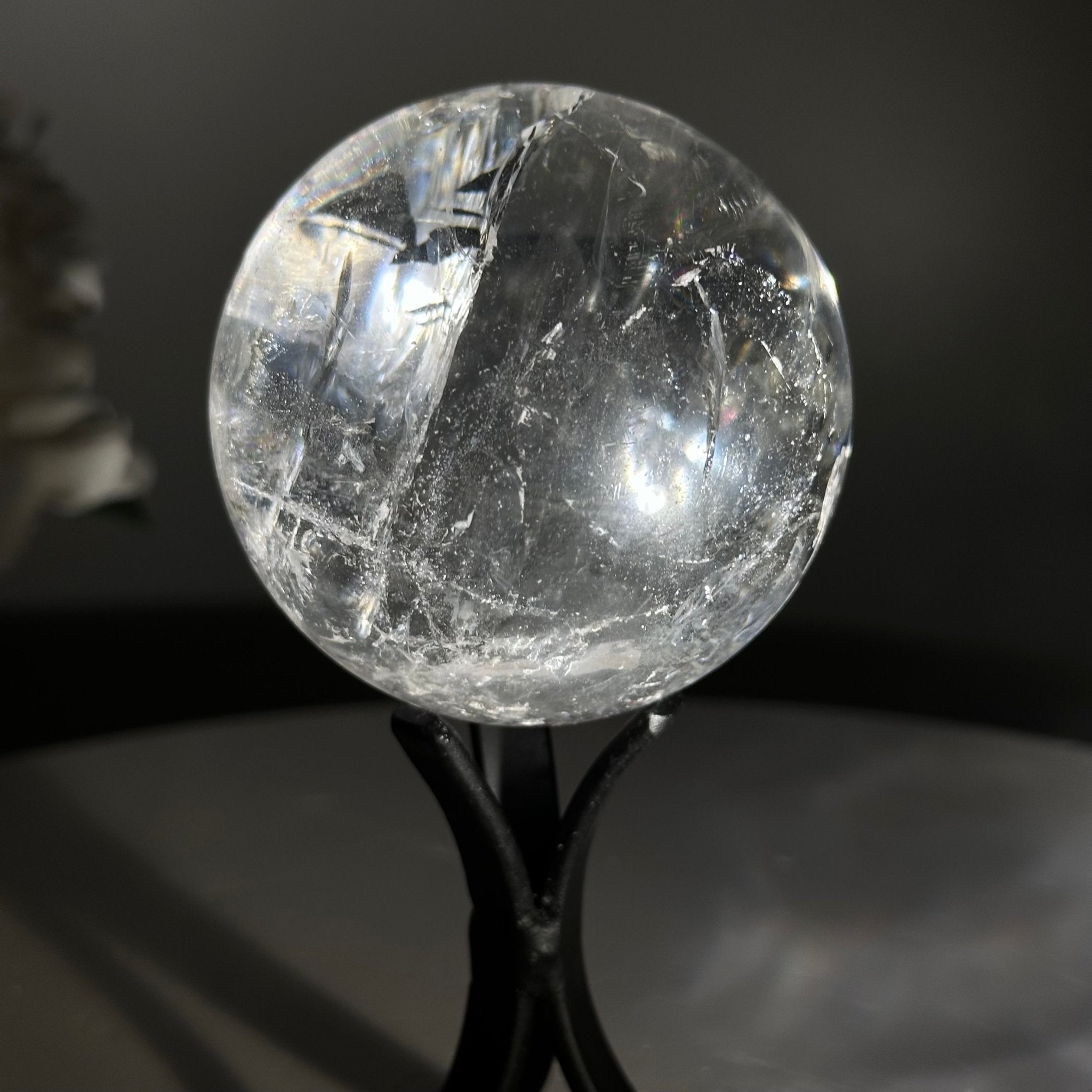 Super Quartz Clear Quartz Sphere on a Metal Base, 0.9 lbs & 5.2" Tall #5631 - 0018 - Brazil GemsBrazil GemsSuper Quartz Clear Quartz Sphere on a Metal Base, 0.9 lbs & 5.2" Tall #5631 - 0018Spheres5631 - 0018