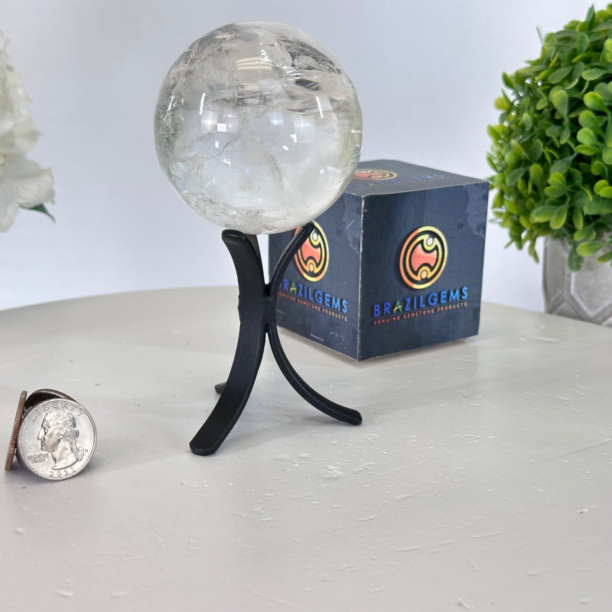 Super Quartz Clear Quartz Sphere on a Metal Base, 0.9 lbs & 5.2" Tall #5631 - 0018 - Brazil GemsBrazil GemsSuper Quartz Clear Quartz Sphere on a Metal Base, 0.9 lbs & 5.2" Tall #5631 - 0018Spheres5631 - 0018