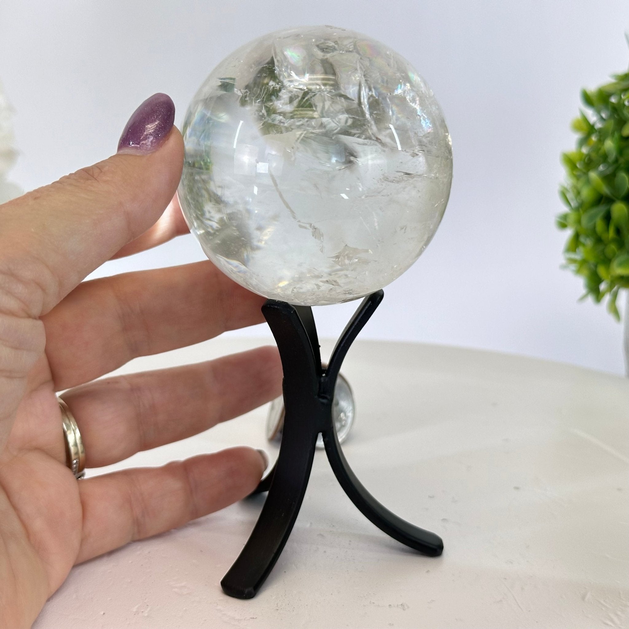 Super Quartz Clear Quartz Sphere on a Metal Base, 0.9 lbs & 5.2" Tall #5631 - 0018 - Brazil GemsBrazil GemsSuper Quartz Clear Quartz Sphere on a Metal Base, 0.9 lbs & 5.2" Tall #5631 - 0018Spheres5631 - 0018