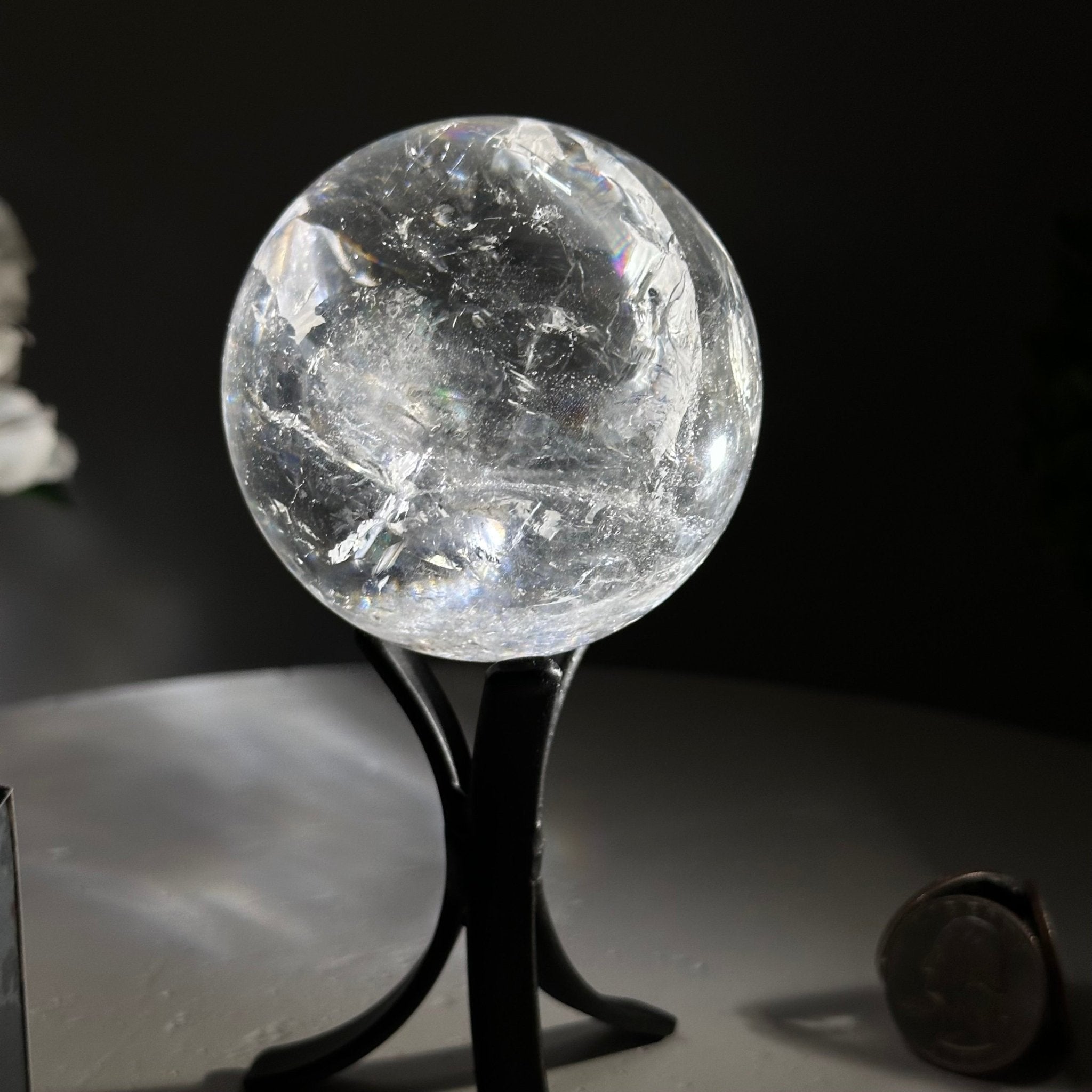 Super Quartz Clear Quartz Sphere on a Metal Base, 0.9 lbs & 5.2" Tall #5631 - 0018 - Brazil GemsBrazil GemsSuper Quartz Clear Quartz Sphere on a Metal Base, 0.9 lbs & 5.2" Tall #5631 - 0018Spheres5631 - 0018