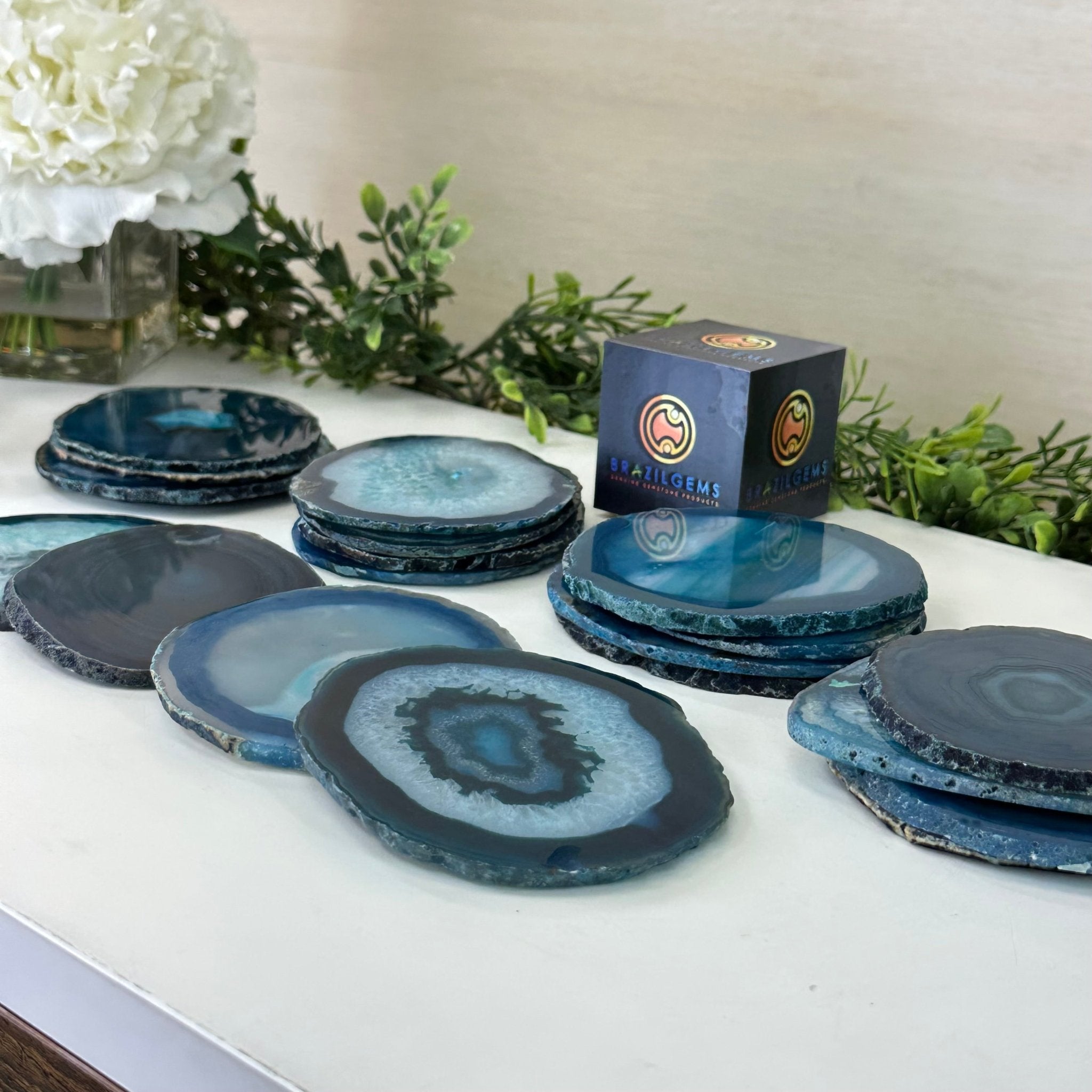 Teal Agate Coasters w/ silicone bumpers, 3.5" to 4.5" each, 4 - piece set Model #5202TEAL by Brazil Gems - Brazil GemsBrazil GemsTeal Agate Coasters w/ silicone bumpers, 3.5" to 4.5" each, 4 - piece set Model #5202TEAL by Brazil GemsCoaster Sets5202TEAL