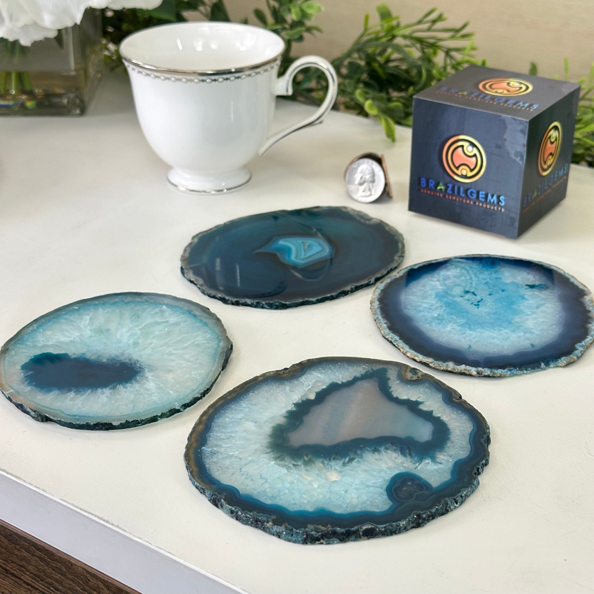 Teal Agate Coasters w/ silicone bumpers, 3.5" to 4.5" each, 4 - piece set Model #5202TEAL by Brazil Gems - Brazil GemsBrazil GemsTeal Agate Coasters w/ silicone bumpers, 3.5" to 4.5" each, 4 - piece set Model #5202TEAL by Brazil GemsCoaster Sets5202TEAL