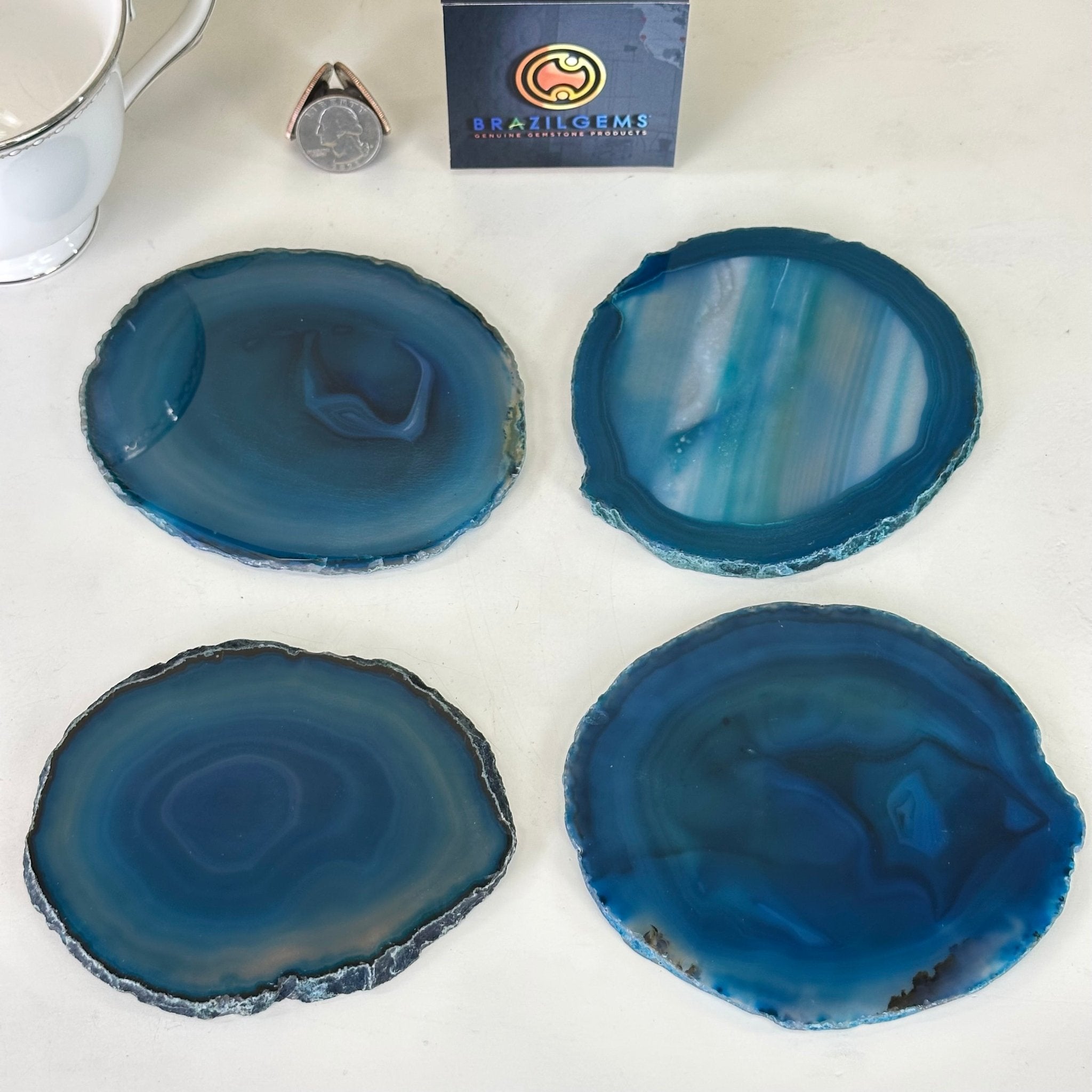 Teal Agate Coasters w/ silicone bumpers, 3.5" to 4.5" each, 4 - piece set Model #5202TEAL by Brazil Gems - Brazil GemsBrazil GemsTeal Agate Coasters w/ silicone bumpers, 3.5" to 4.5" each, 4 - piece set Model #5202TEAL by Brazil GemsCoaster Sets5202TEAL