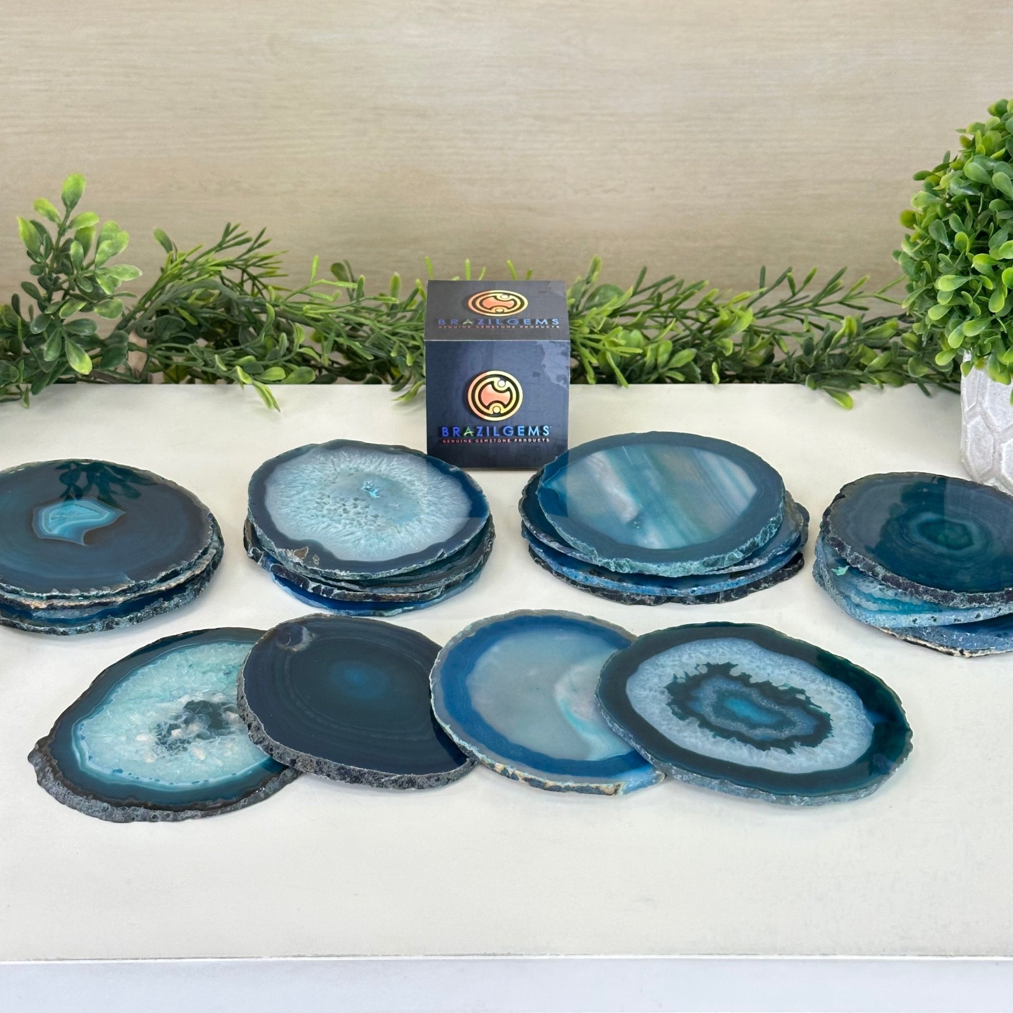 Teal Agate Coasters w/ silicone bumpers, 3.5" to 4.5" each, 4 - piece set Model #5202TEAL by Brazil Gems - Brazil GemsBrazil GemsTeal Agate Coasters w/ silicone bumpers, 3.5" to 4.5" each, 4 - piece set Model #5202TEAL by Brazil GemsCoaster Sets5202TEAL