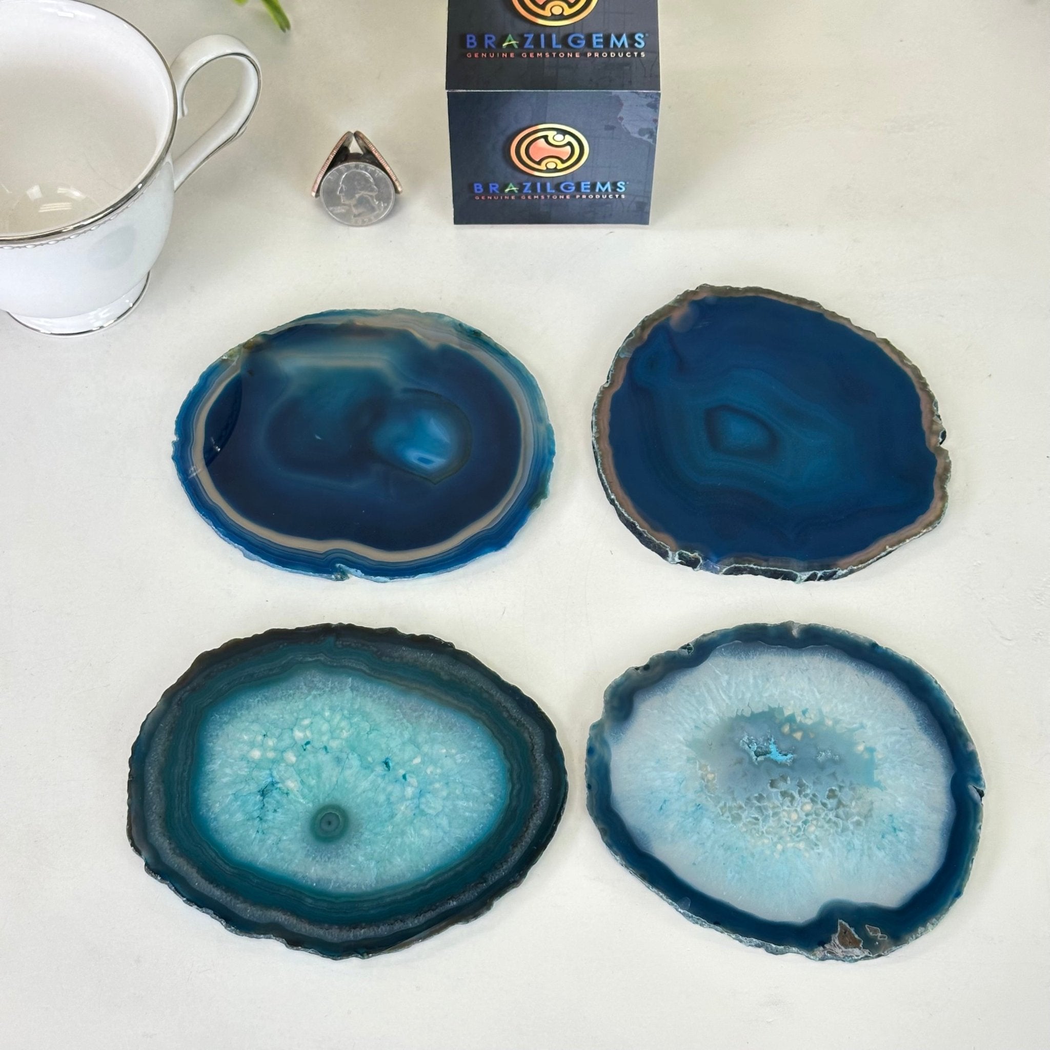 Teal Agate Coasters w/ silicone bumpers, 3.5" to 4.5" each, 4 - piece set Model #5202TEAL by Brazil Gems - Brazil GemsBrazil GemsTeal Agate Coasters w/ silicone bumpers, 3.5" to 4.5" each, 4 - piece set Model #5202TEAL by Brazil GemsCoaster Sets5202TEAL