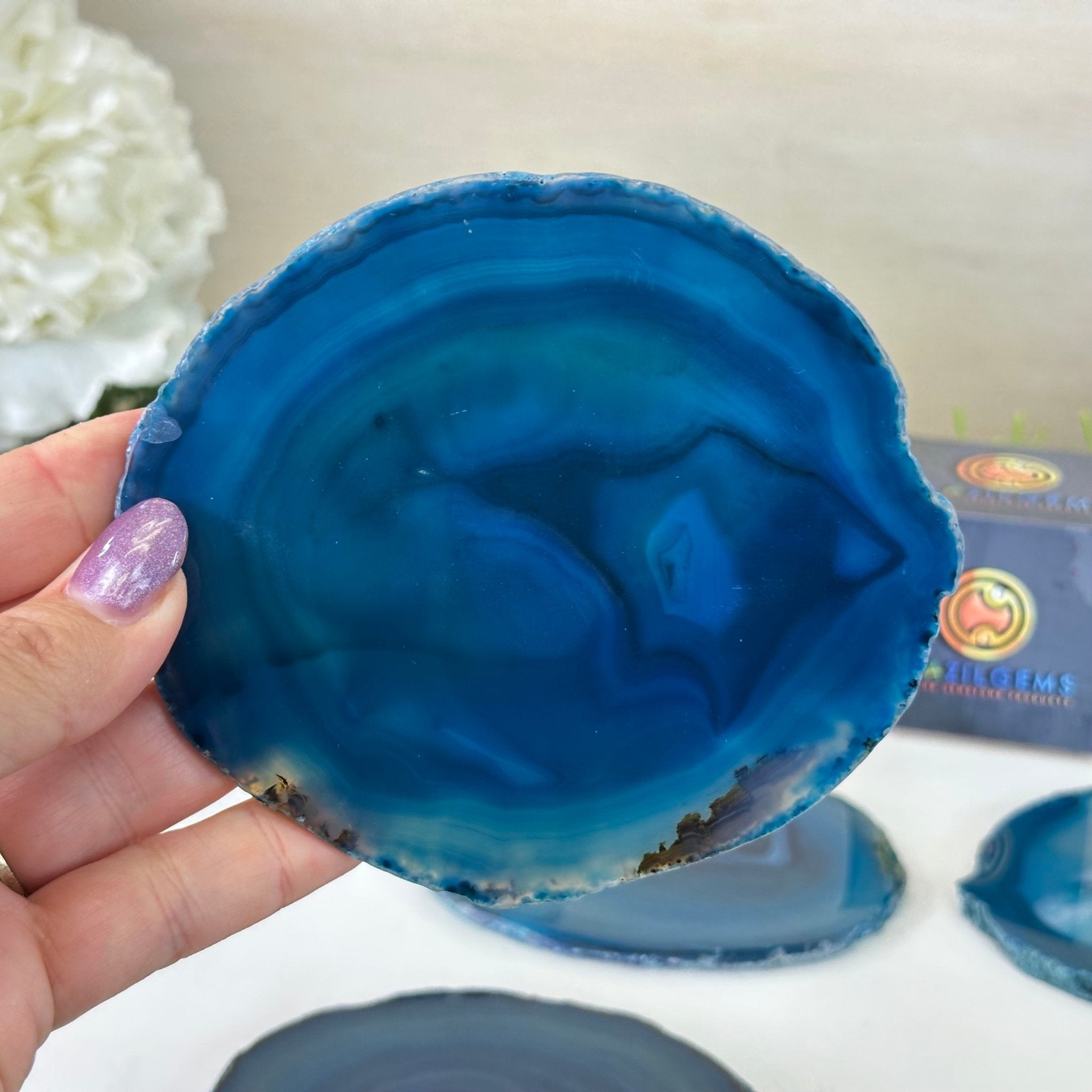 Teal Agate Coasters w/ silicone bumpers, 3.5" to 4.5" each, 4 - piece set Model #5202TEAL by Brazil Gems - Brazil GemsBrazil GemsTeal Agate Coasters w/ silicone bumpers, 3.5" to 4.5" each, 4 - piece set Model #5202TEAL by Brazil GemsCoaster Sets5202TEAL