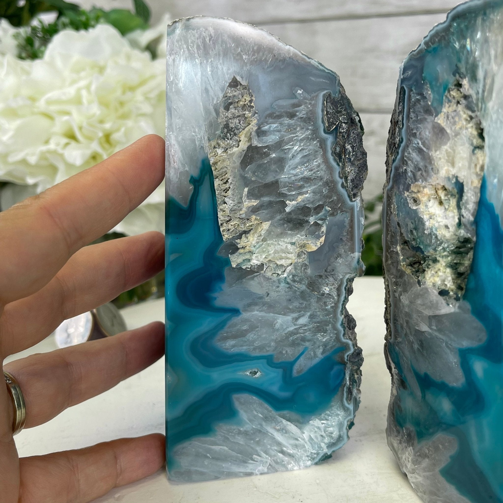 Teal Dyed Brazilian Agate Stone Bookends, 9.3 lbs & 5.75" tall Model #5151TL-020 by Brazil Gems - Brazil GemsBrazil GemsTeal Dyed Brazilian Agate Stone Bookends, 9.3 lbs & 5.75" tall Model #5151TL-020 by Brazil GemsBookends5151TL-020