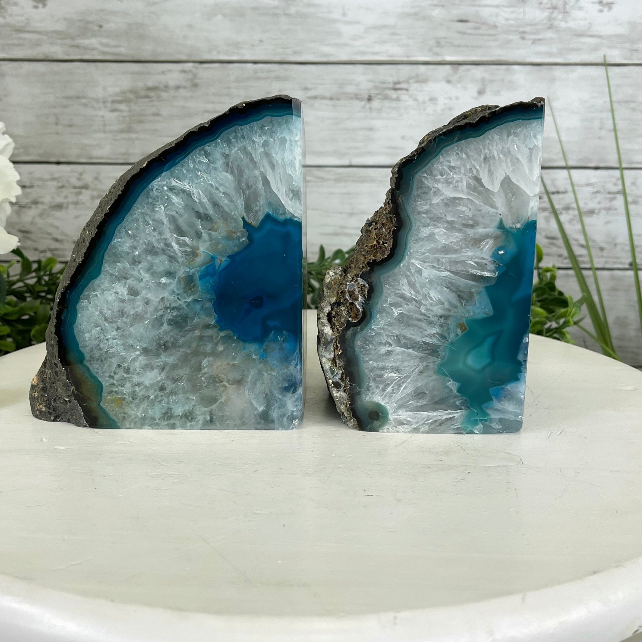 Teal Dyed Brazilian Agate Stone Bookends, 9.4 lbs & 5.3" tall Model #5151TL-021 by Brazil Gems - Brazil GemsBrazil GemsTeal Dyed Brazilian Agate Stone Bookends, 9.4 lbs & 5.3" tall Model #5151TL-021 by Brazil GemsBookends5151TL-021