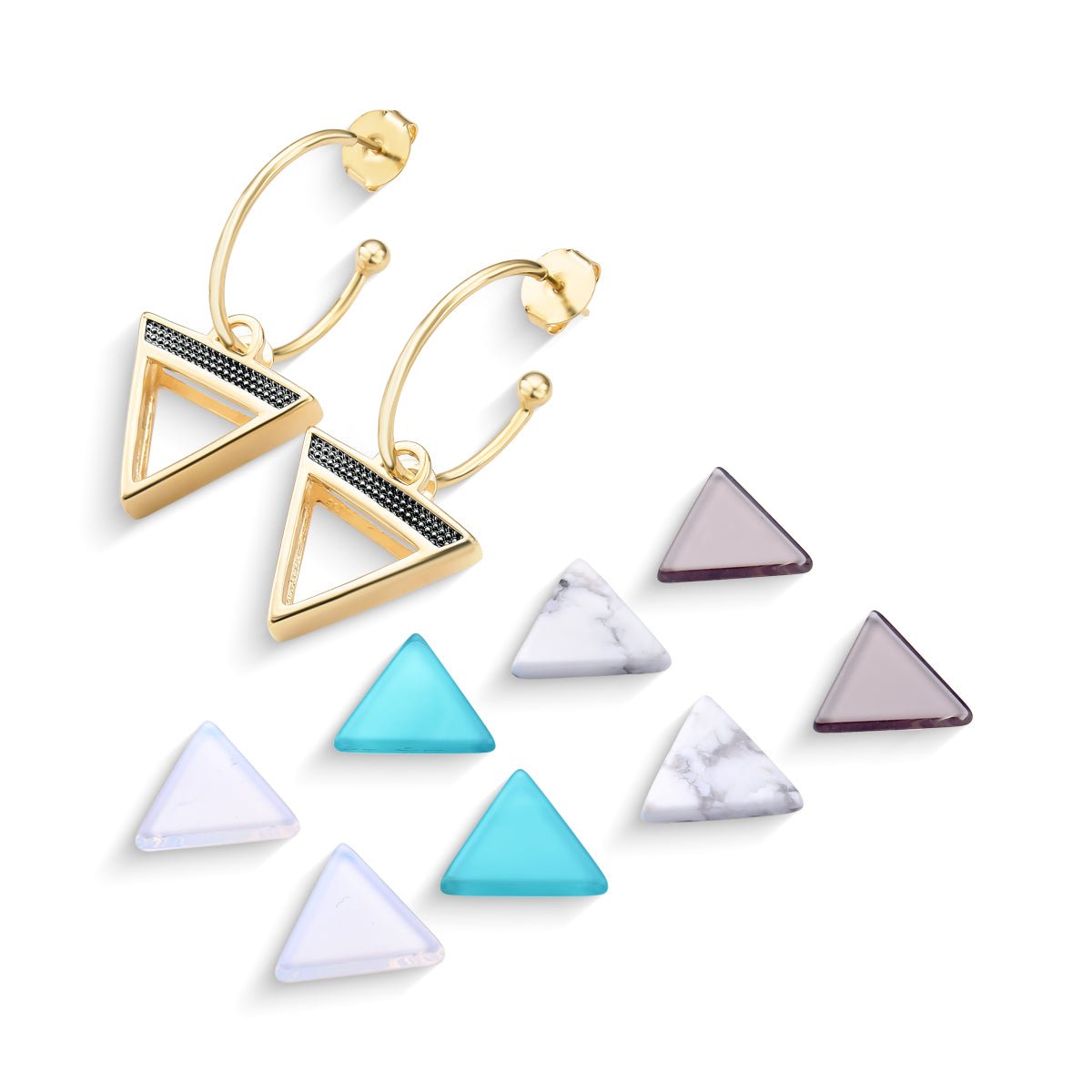 Triangles 18K Gold Plated & Black Rhodium Earrings w/ 4 Interchangeable Gemstone Pairs - Brazil GemsBrazil GemsTriangles 18K Gold Plated & Black Rhodium Earrings w/ 4 Interchangeable Gemstone PairsEarrings11GP9050 - 499