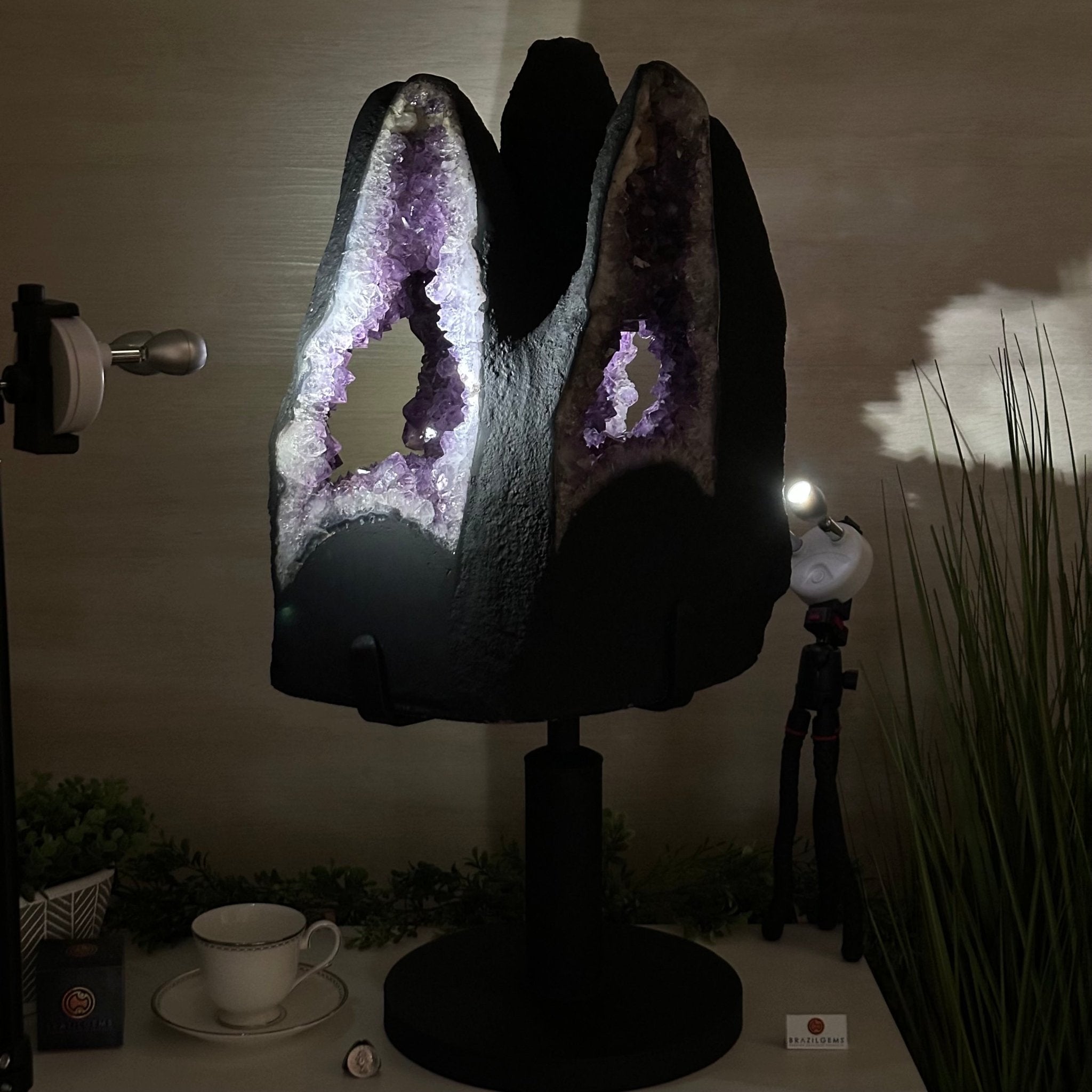 Unique Amethyst Cluster of 4 Cathedrals on a Rotating Stand, 125.7 lbs & 29.8" Tall #5492 - 0036 - Brazil GemsBrazil GemsUnique Amethyst Cluster of 4 Cathedrals on a Rotating Stand, 125.7 lbs & 29.8" Tall #5492 - 0036Clusters on Rotating Bases5492 - 0036