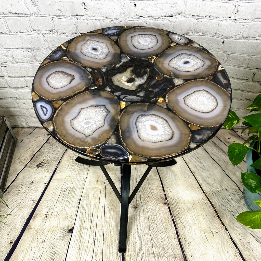 Handmade Natural Agate Round Table, black metal base, 22" diameter, 26" tall (1002-0004)