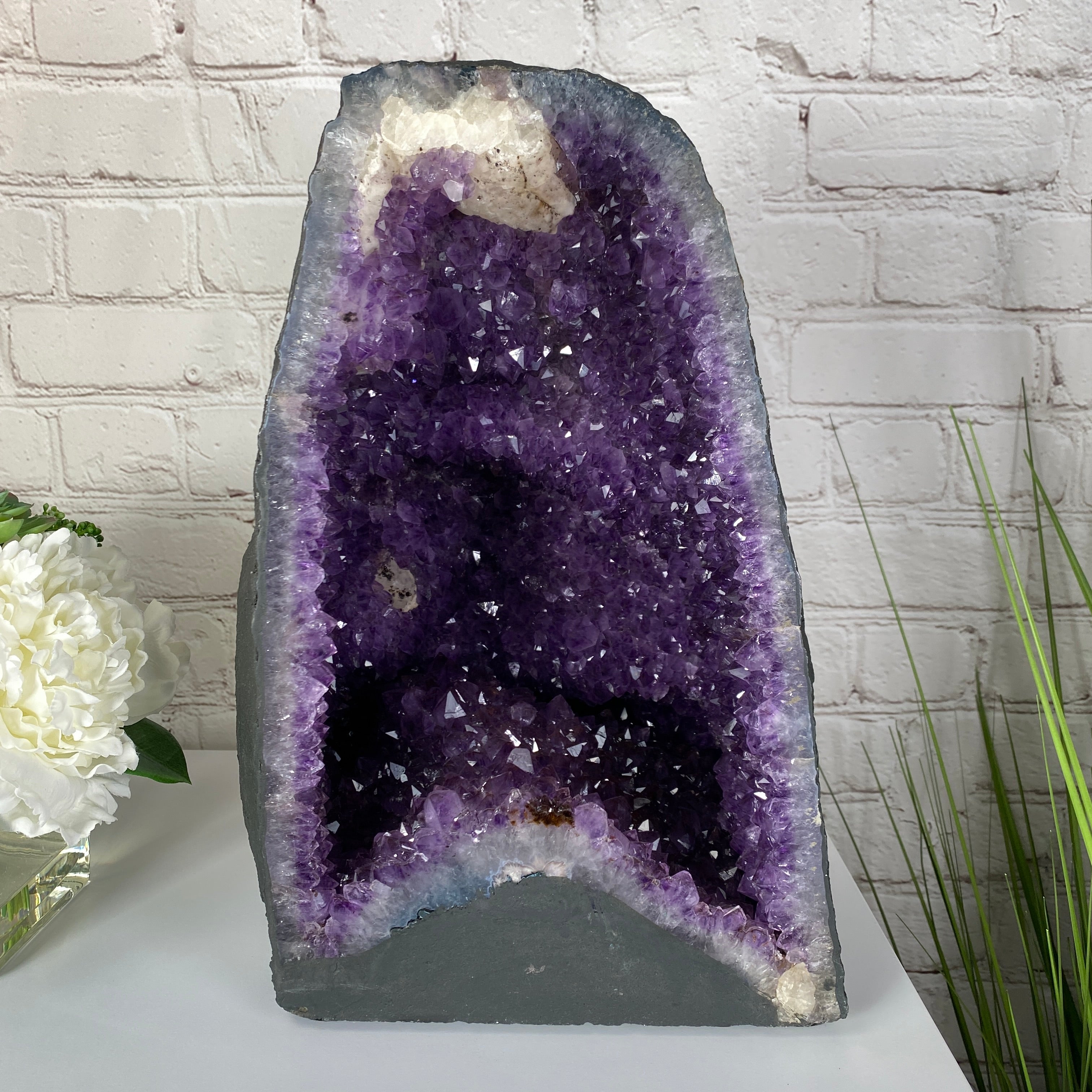 front view of the Extra Quality Brazilian Amethyst Cathedral, 14.6” tall & 43.1 lbs