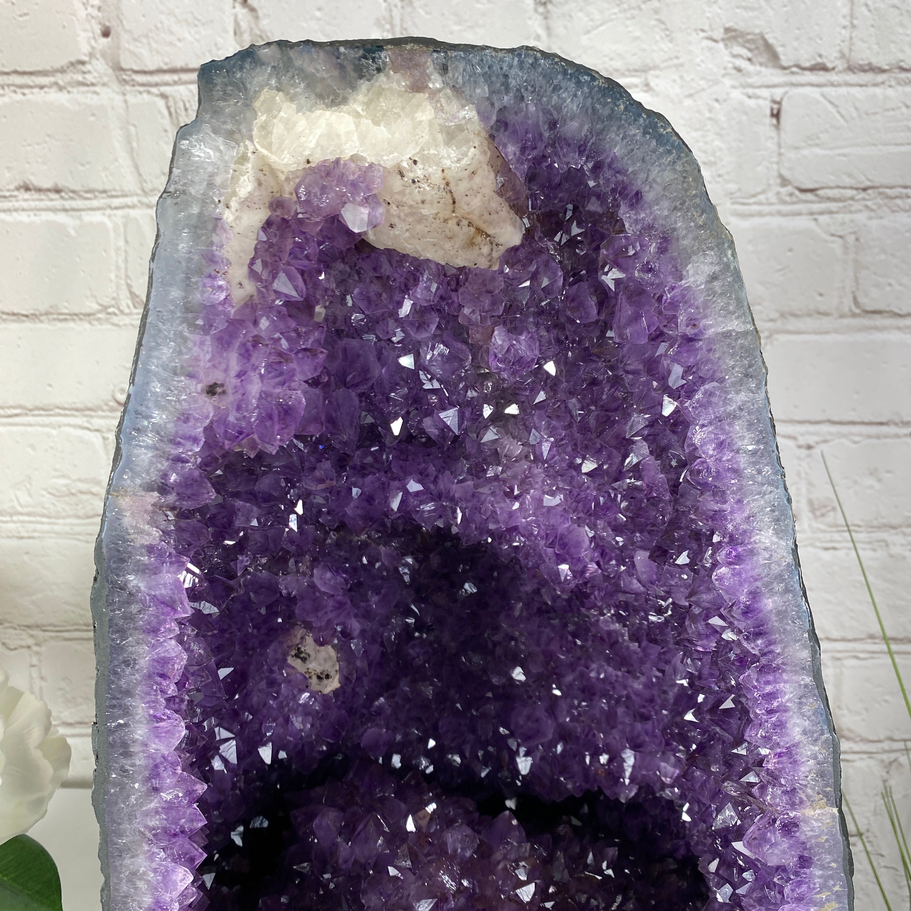 a close up of the middle and top of the Extra Quality Brazilian Amethyst Cathedral, 14.6” tall & 43.1 lbs